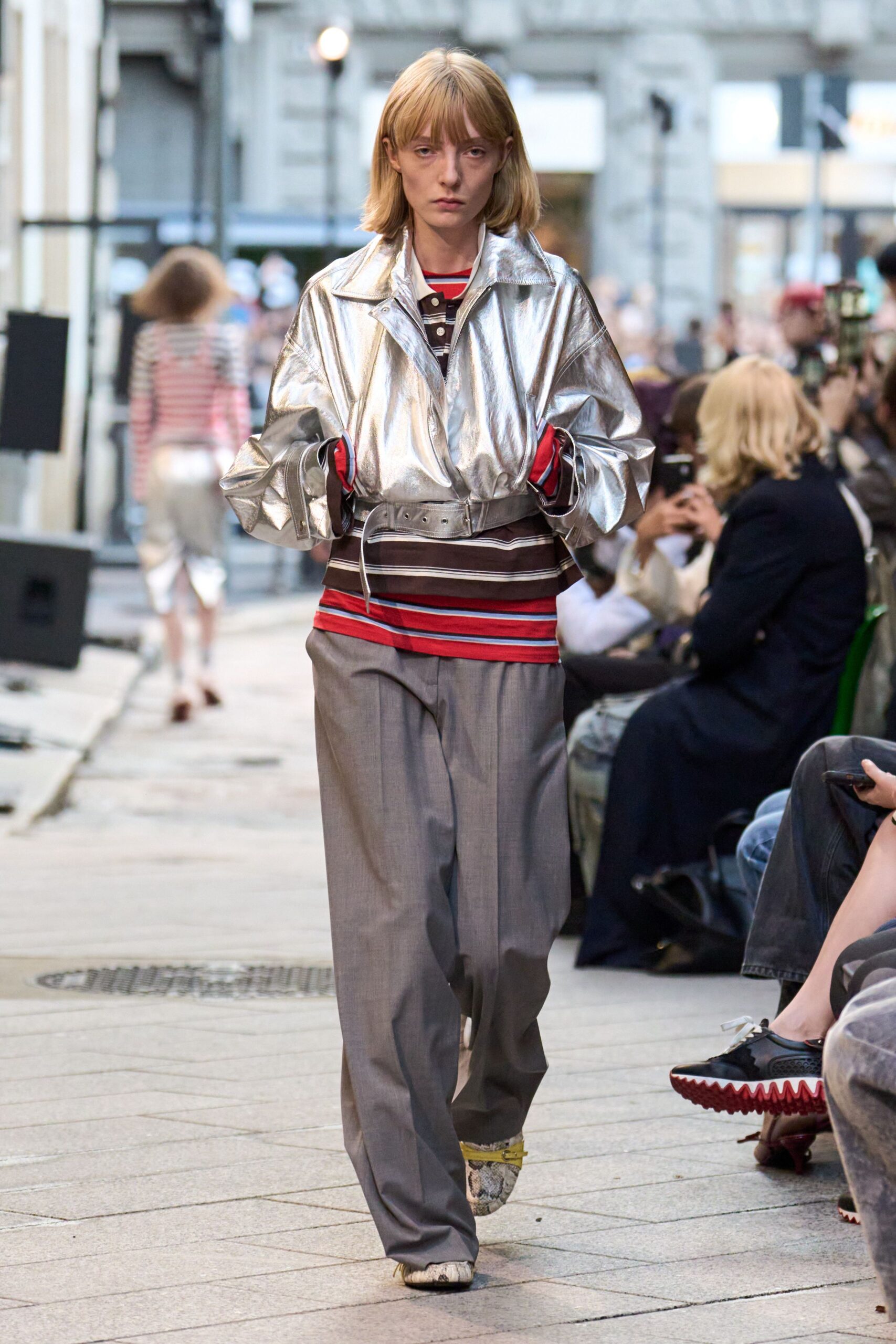 gray metallic long-sleeve collared relaxed shiny jacket