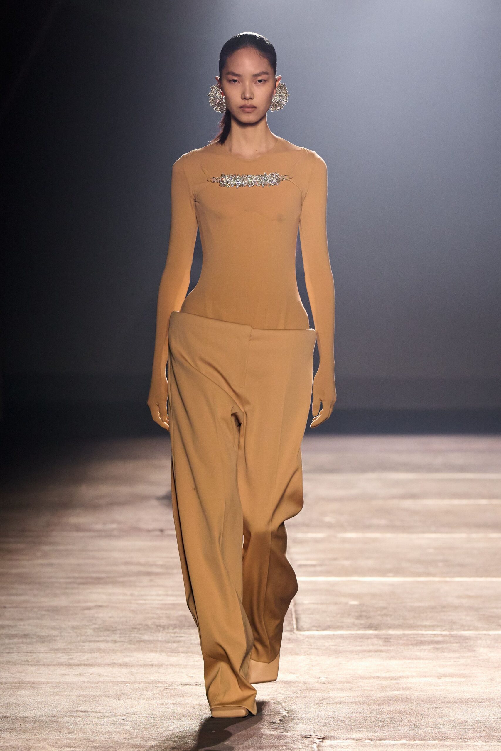beige fitted top and relaxed pants