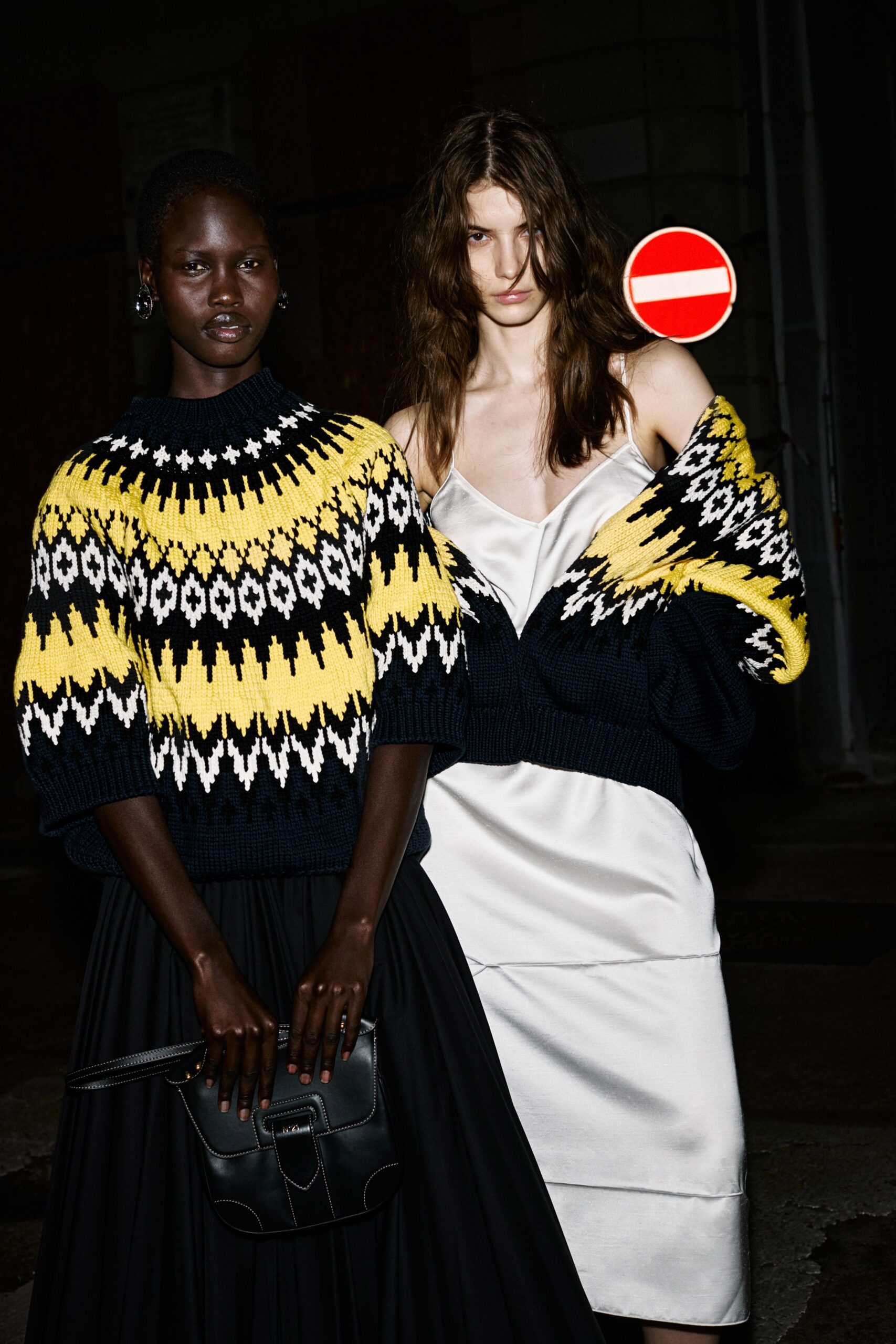 black and yellow sweater with midi skirt