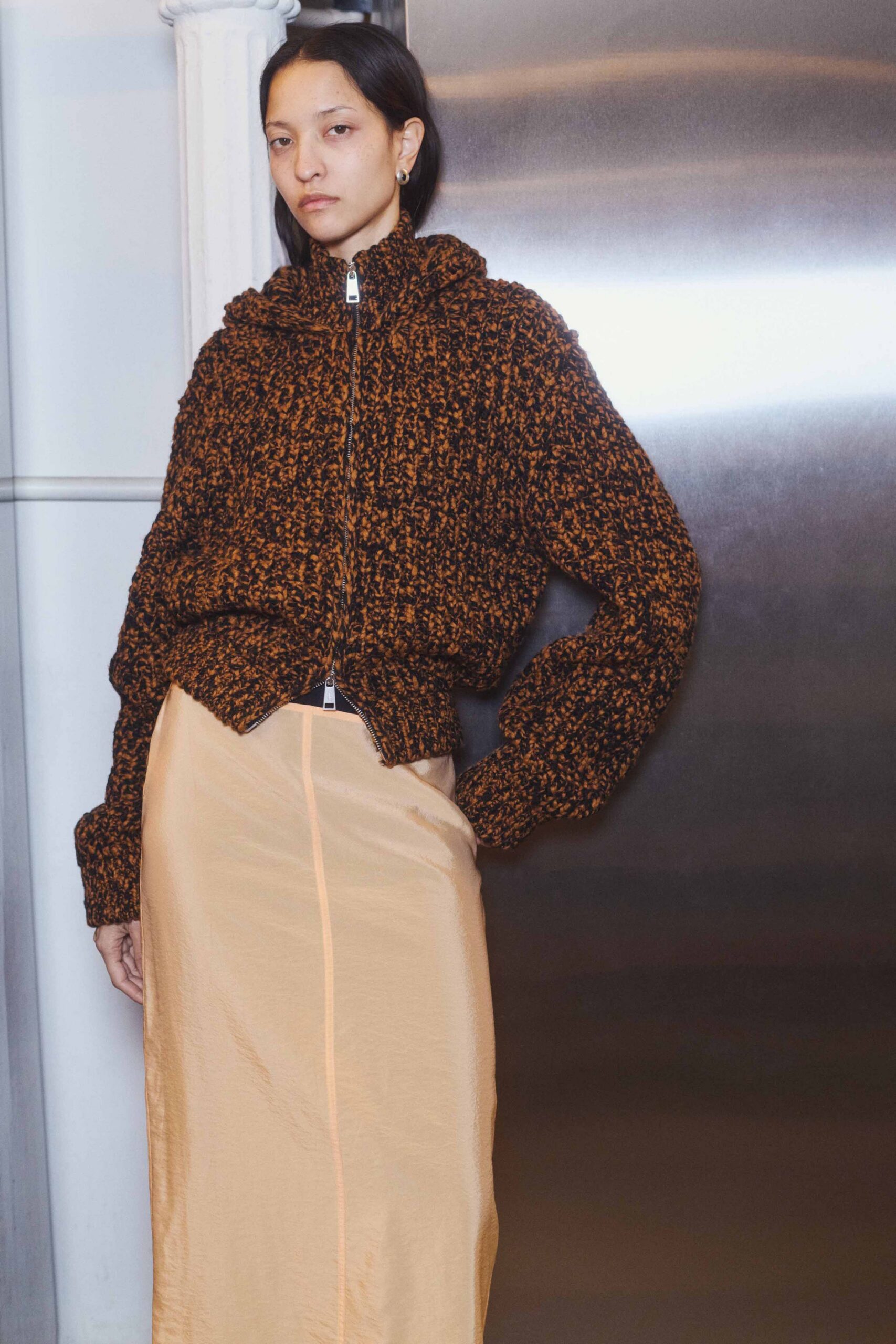 brown wool long-sleeve hooded oversized textured cropped jacket