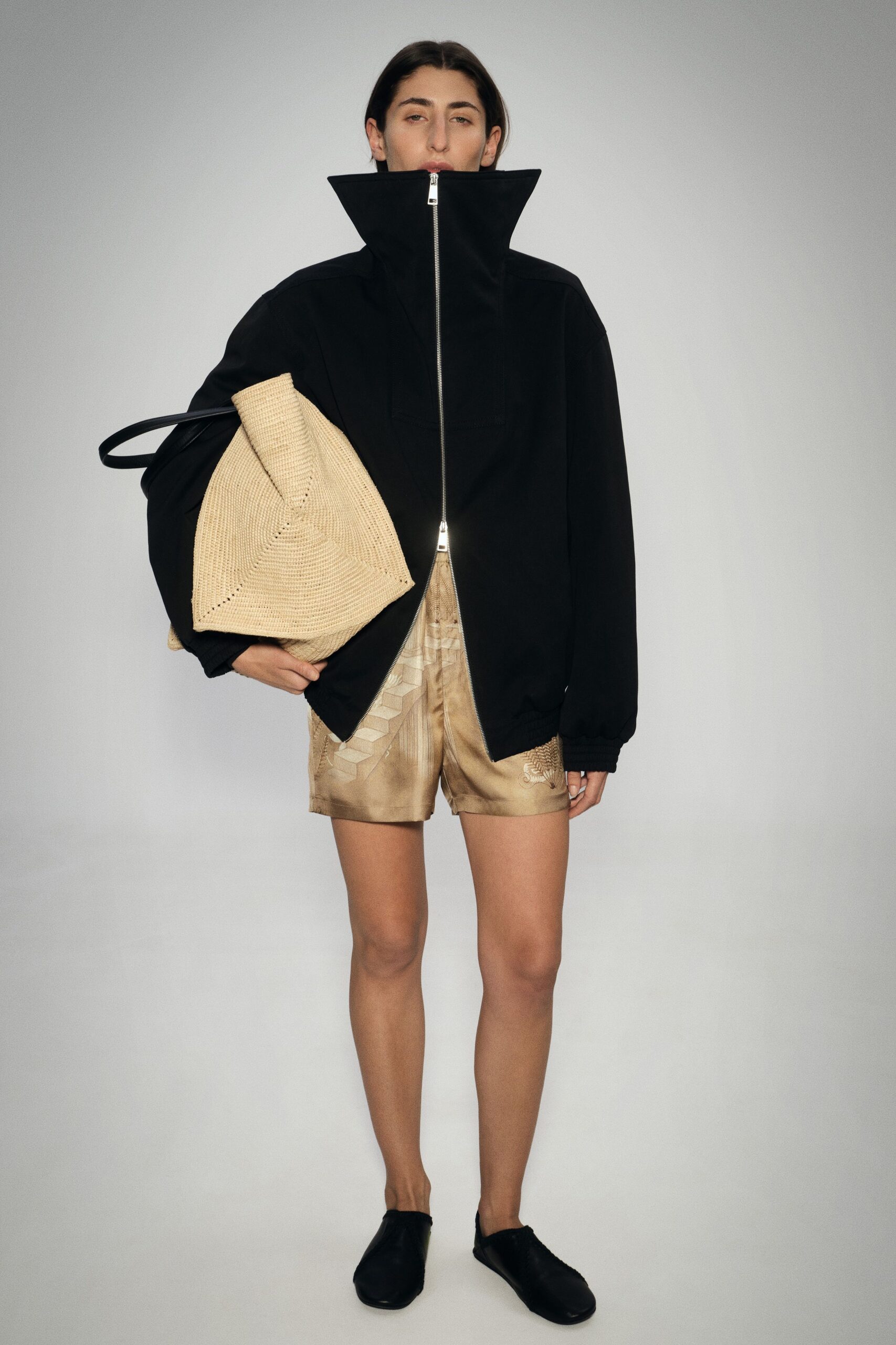 beige silk fitted short shorts