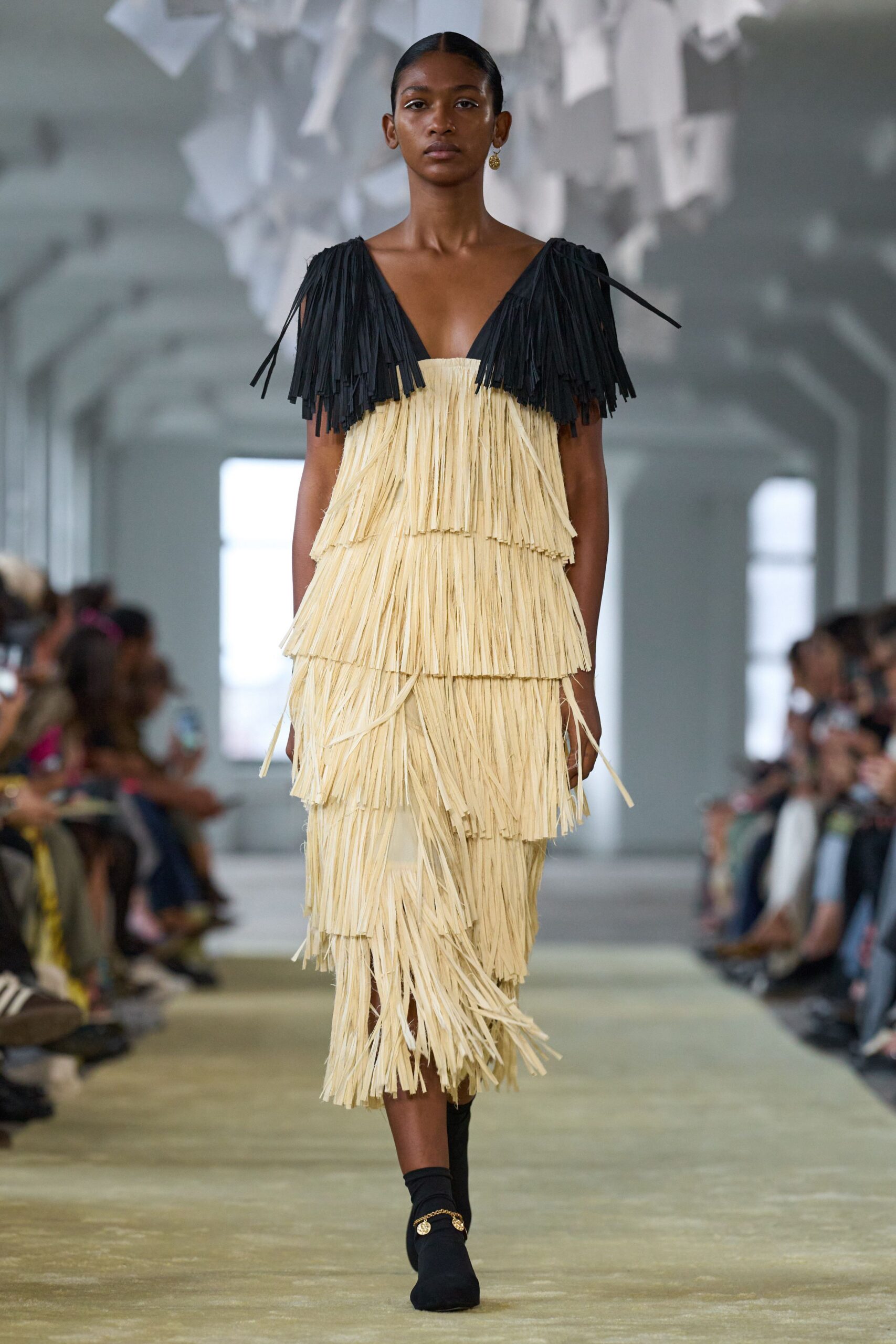 black and beige fringed midi dress