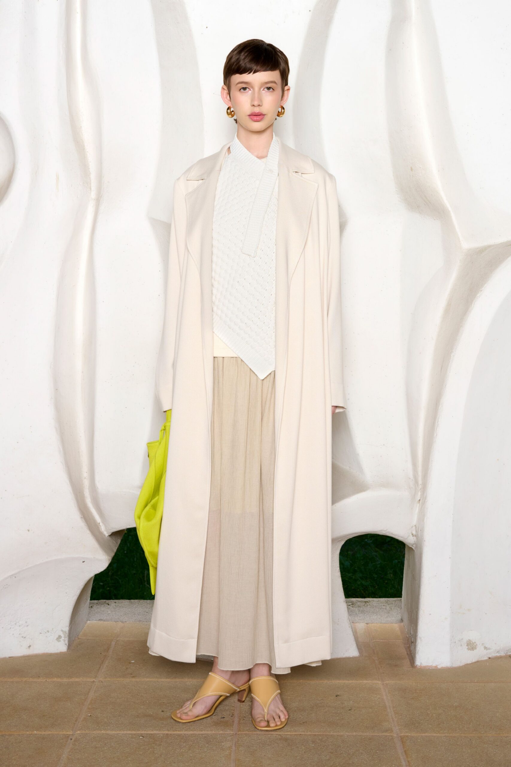 beige coat white blouse maxi skirt