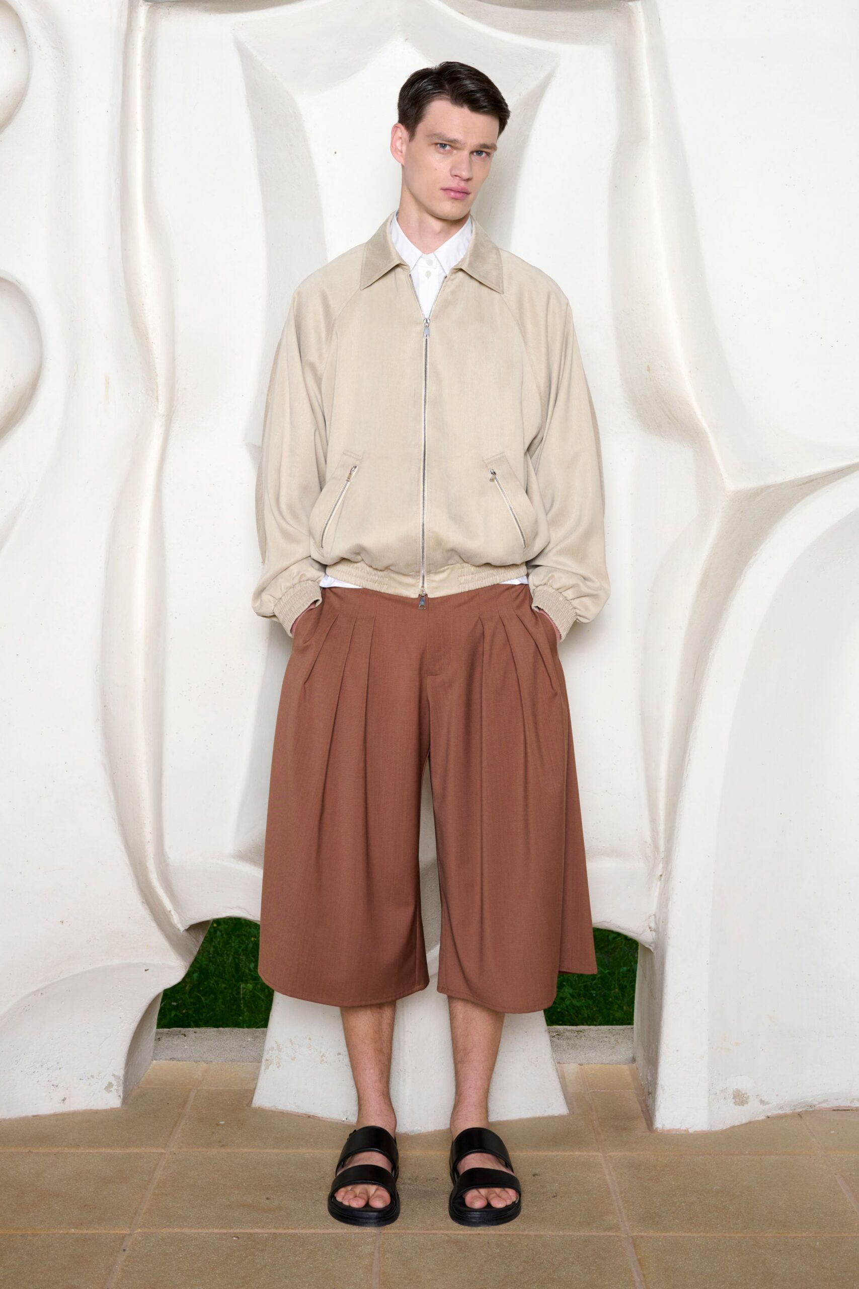 beige relaxed jacket brown pants