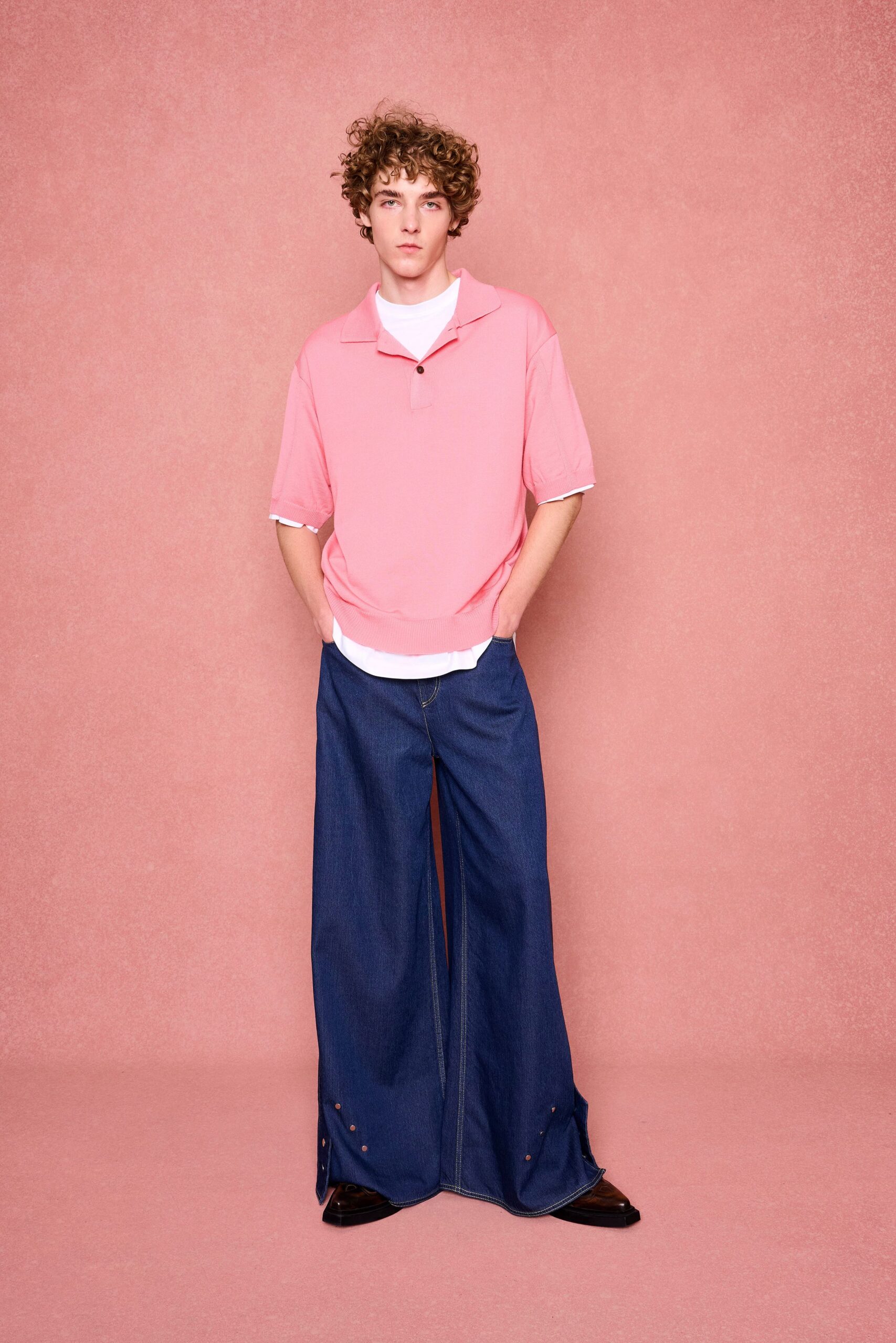 pink relaxed top with blue wide-leg pants