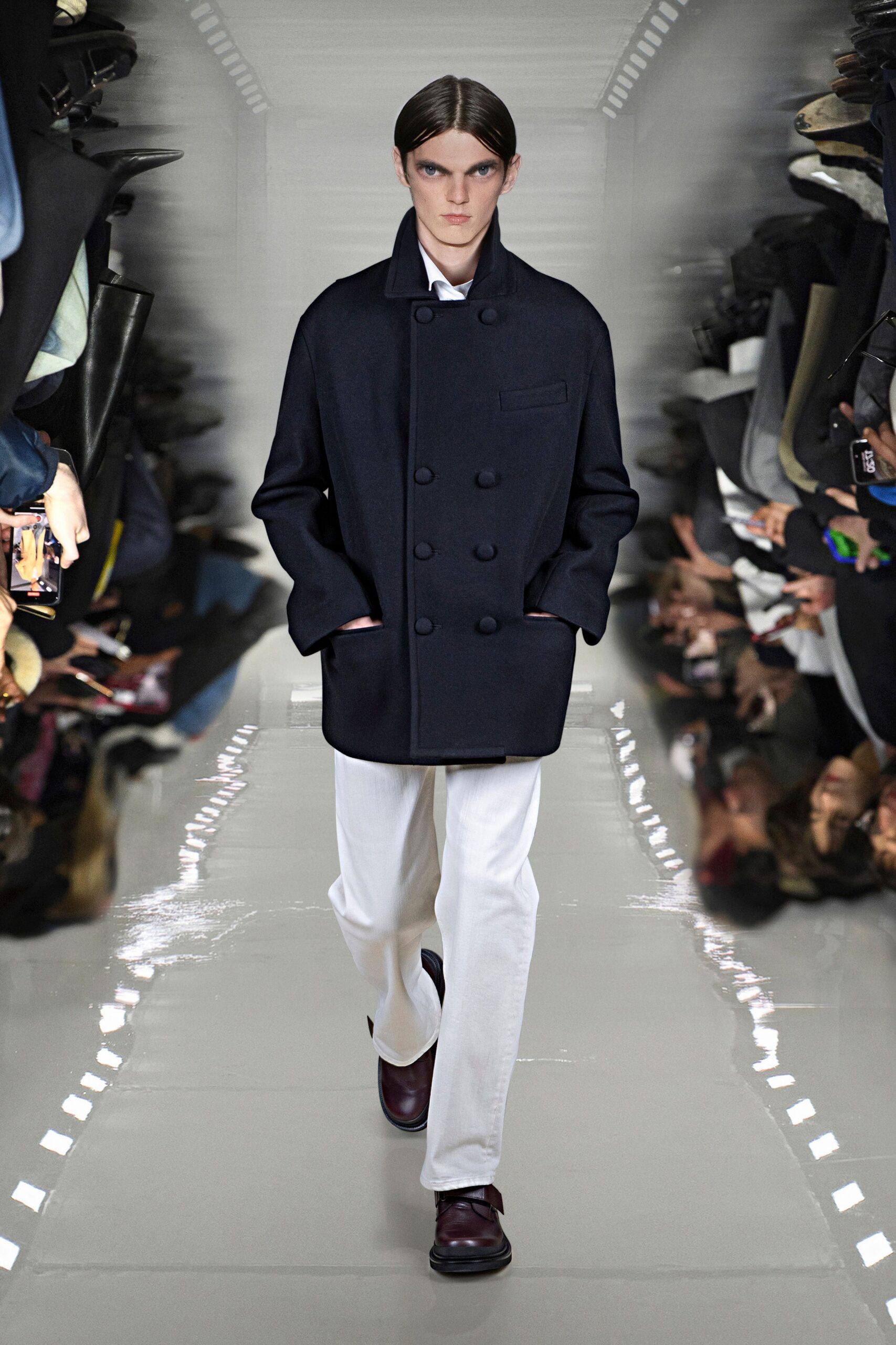 black wool coat white pants brown shoes
