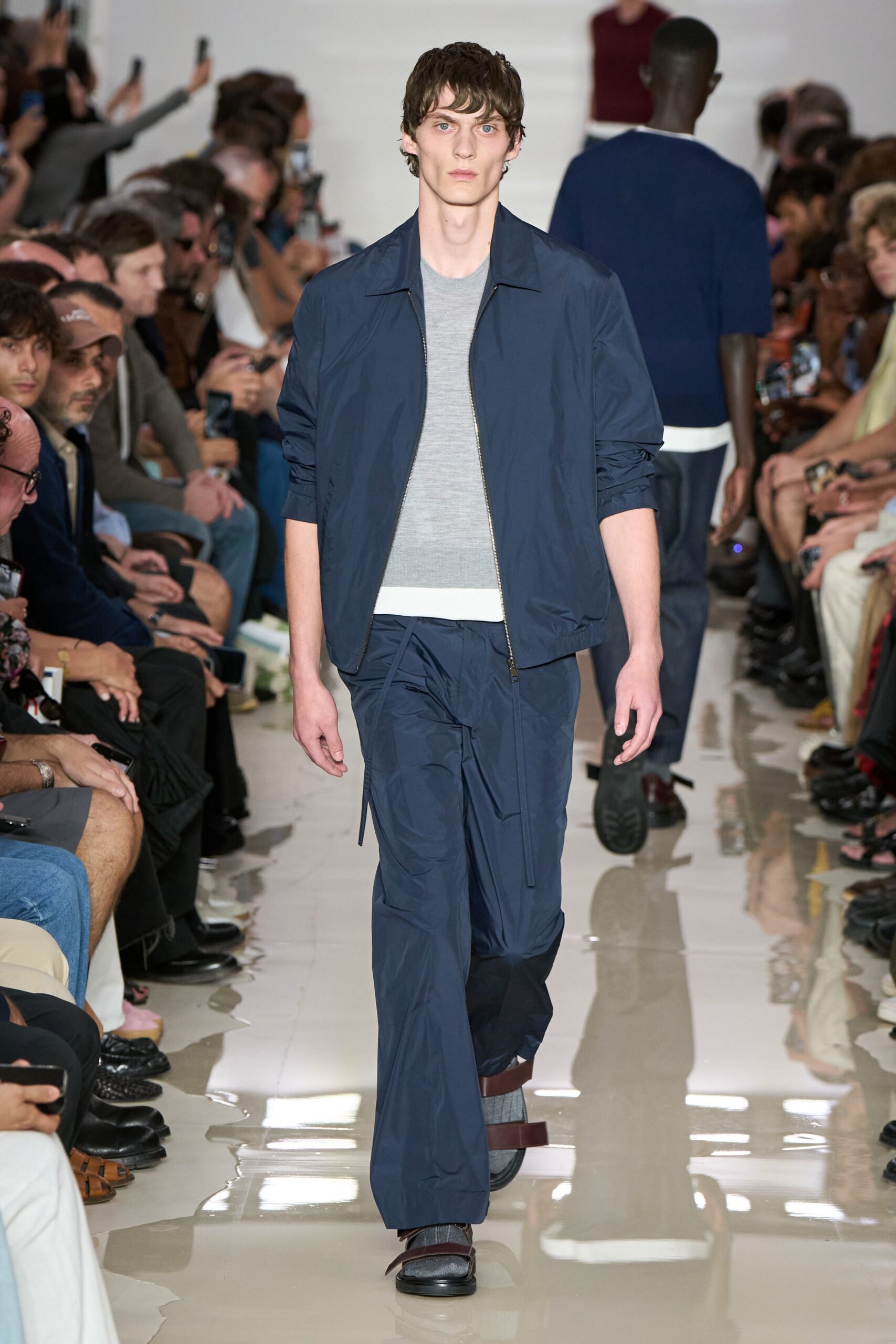 blue relaxed jacket gray shirt