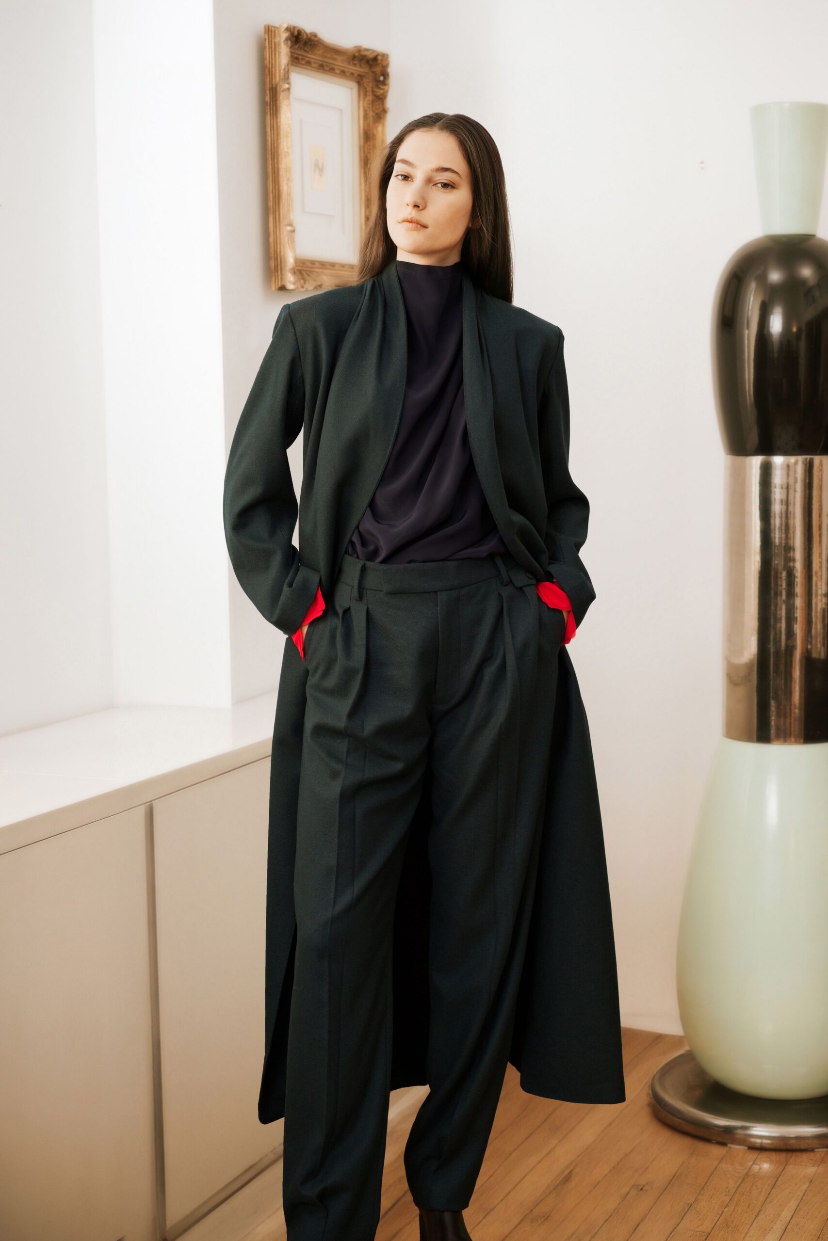 black wool tailored pleated pants