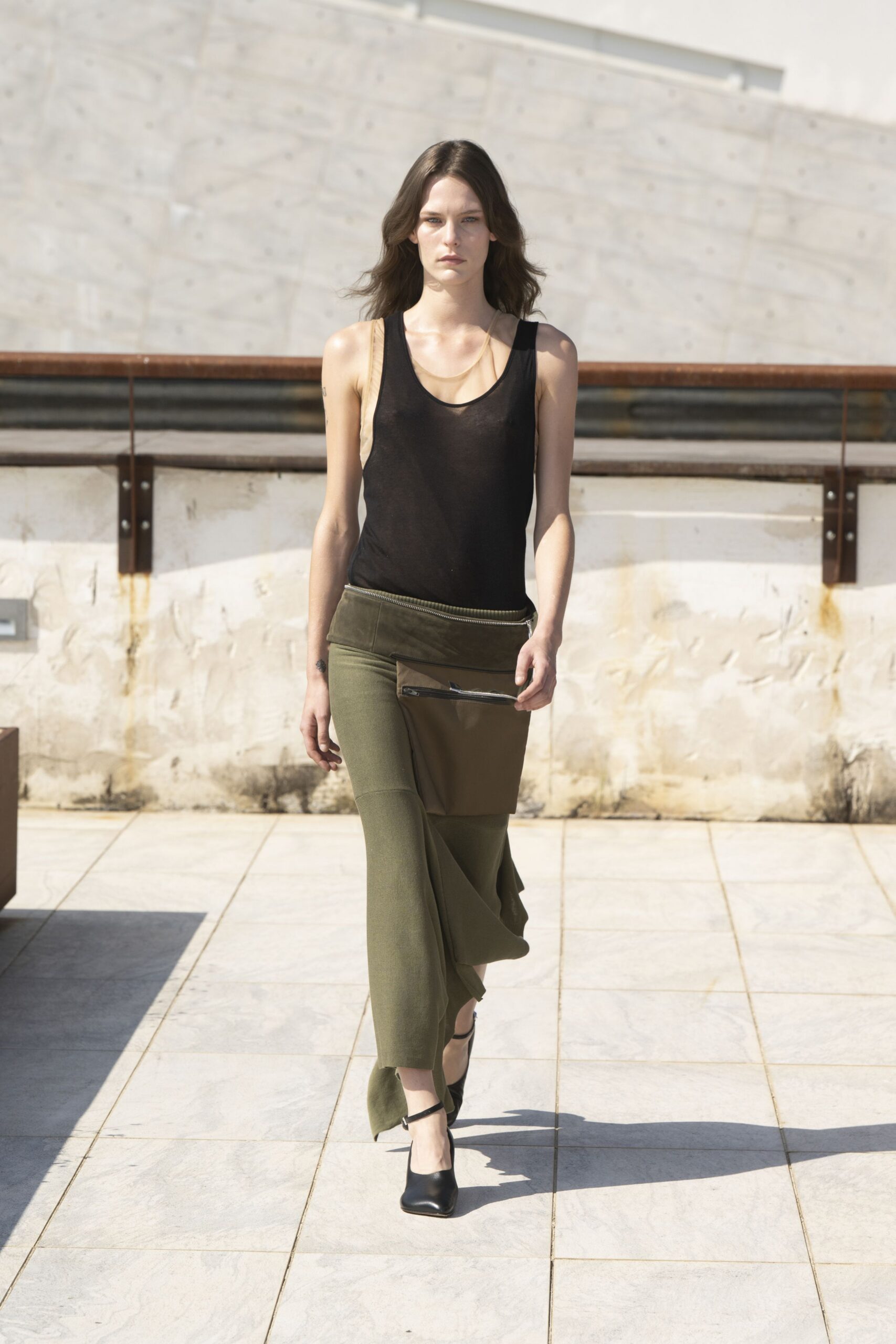 black tank-top green skirt