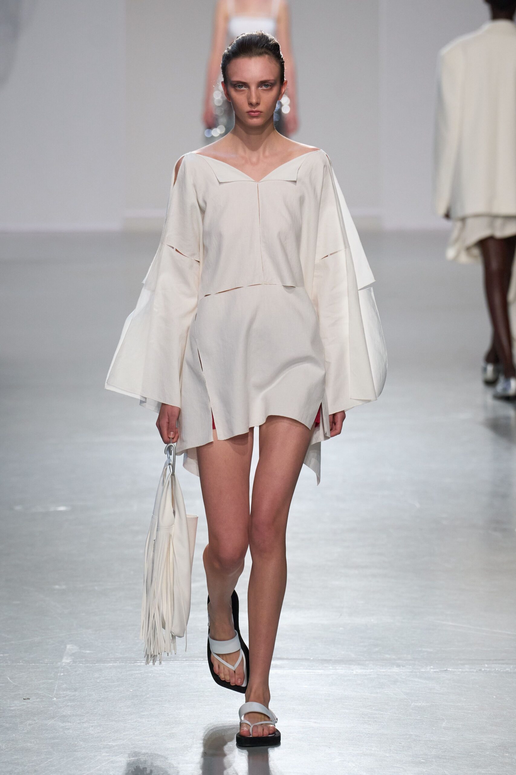 white cotton long-sleeve off-shoulder relaxed draped mini dress