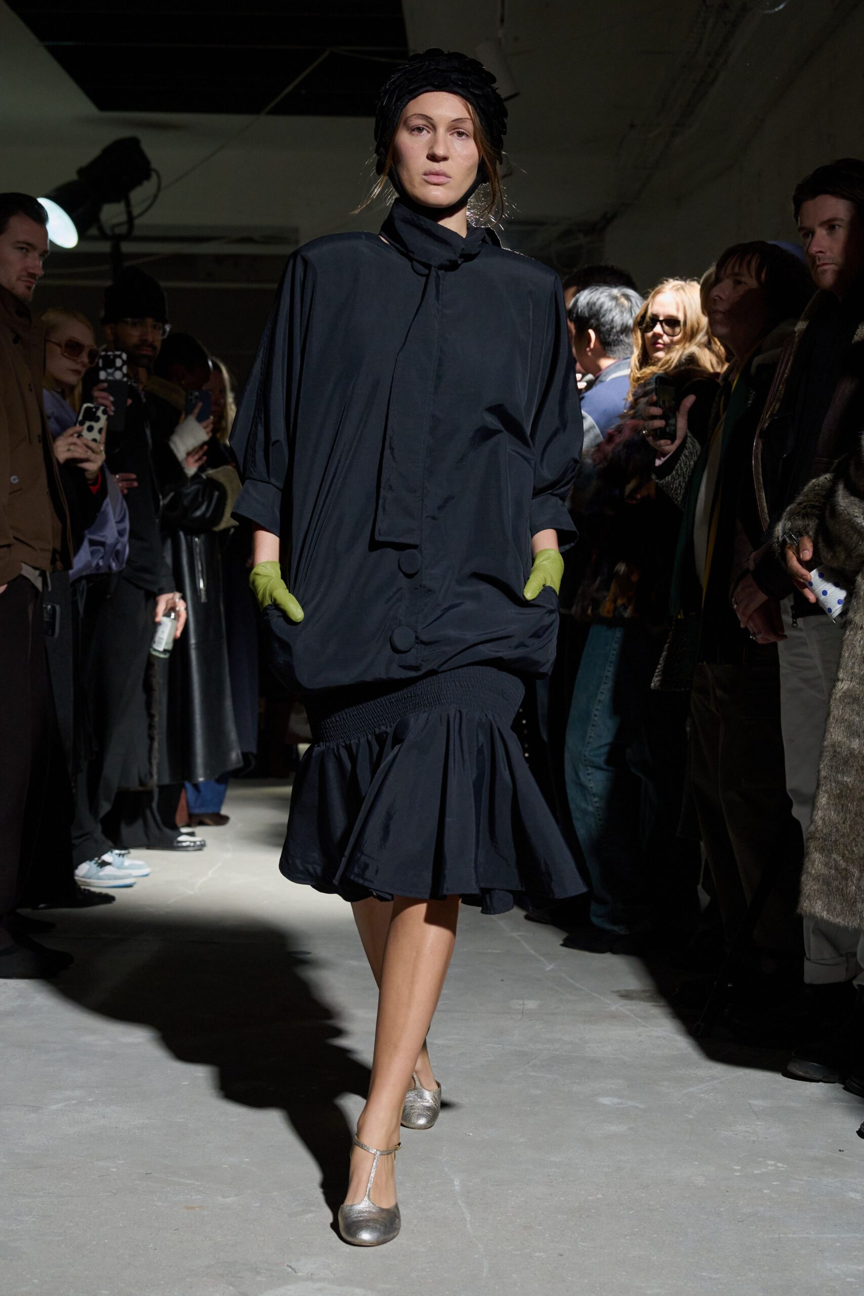 black relaxed midi dress with gloves