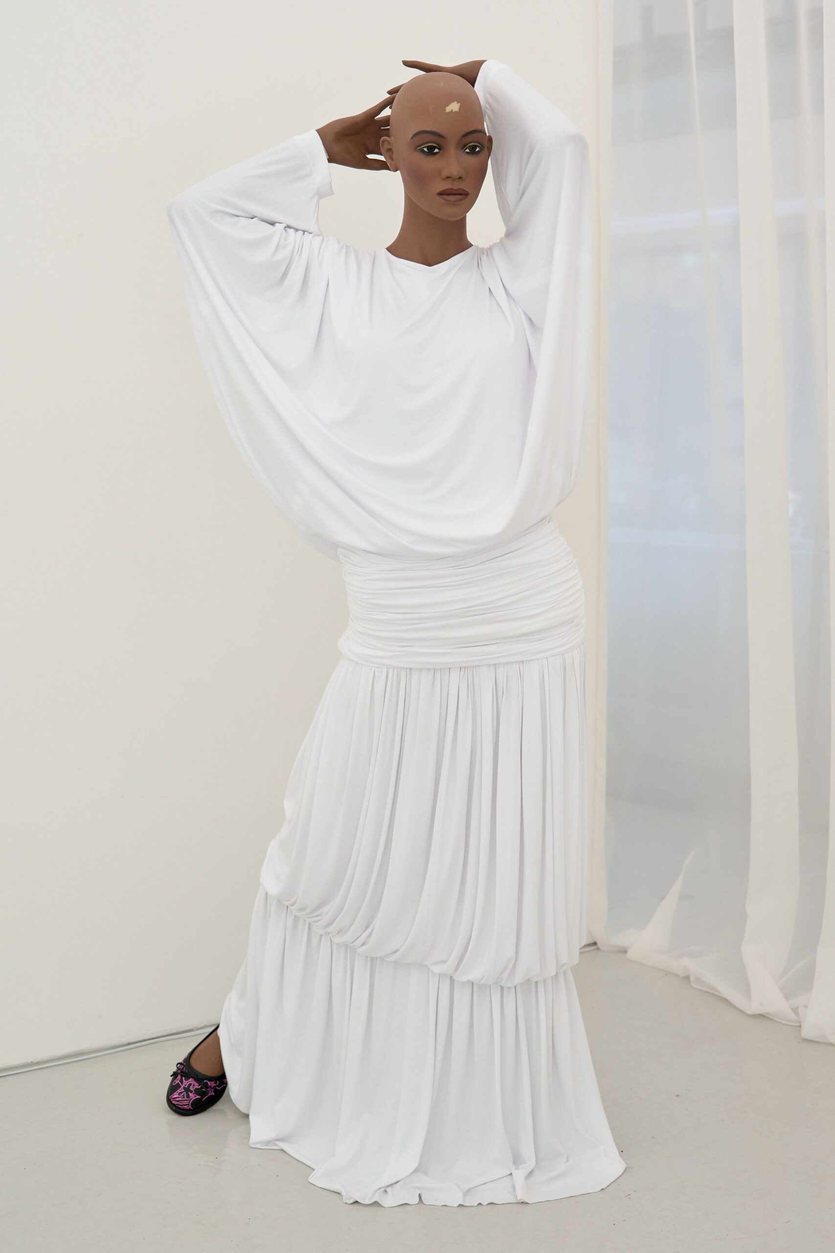 white cotton long-sleeve relaxed draped tiered maxi dress