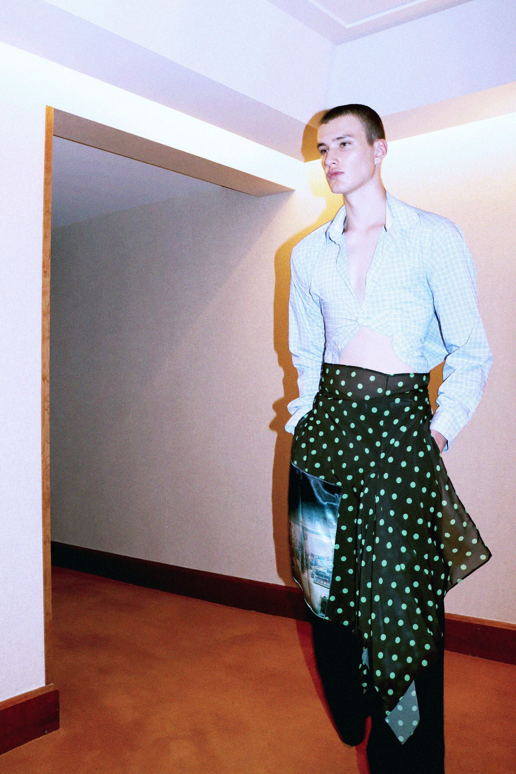 blue checked shirt with polka-dot skirt