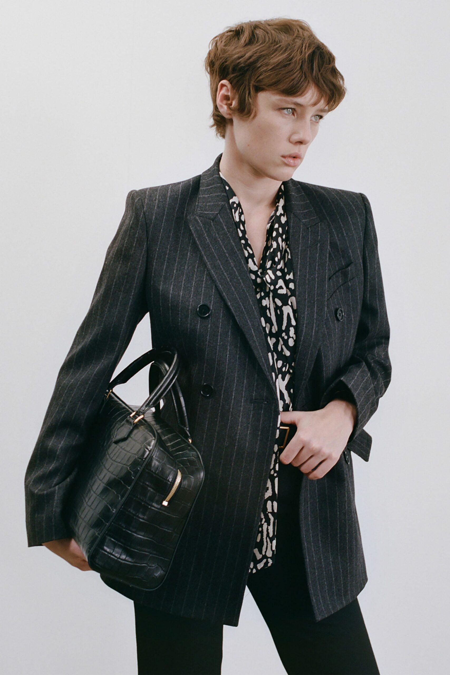 tailored black blazer with printed shirt