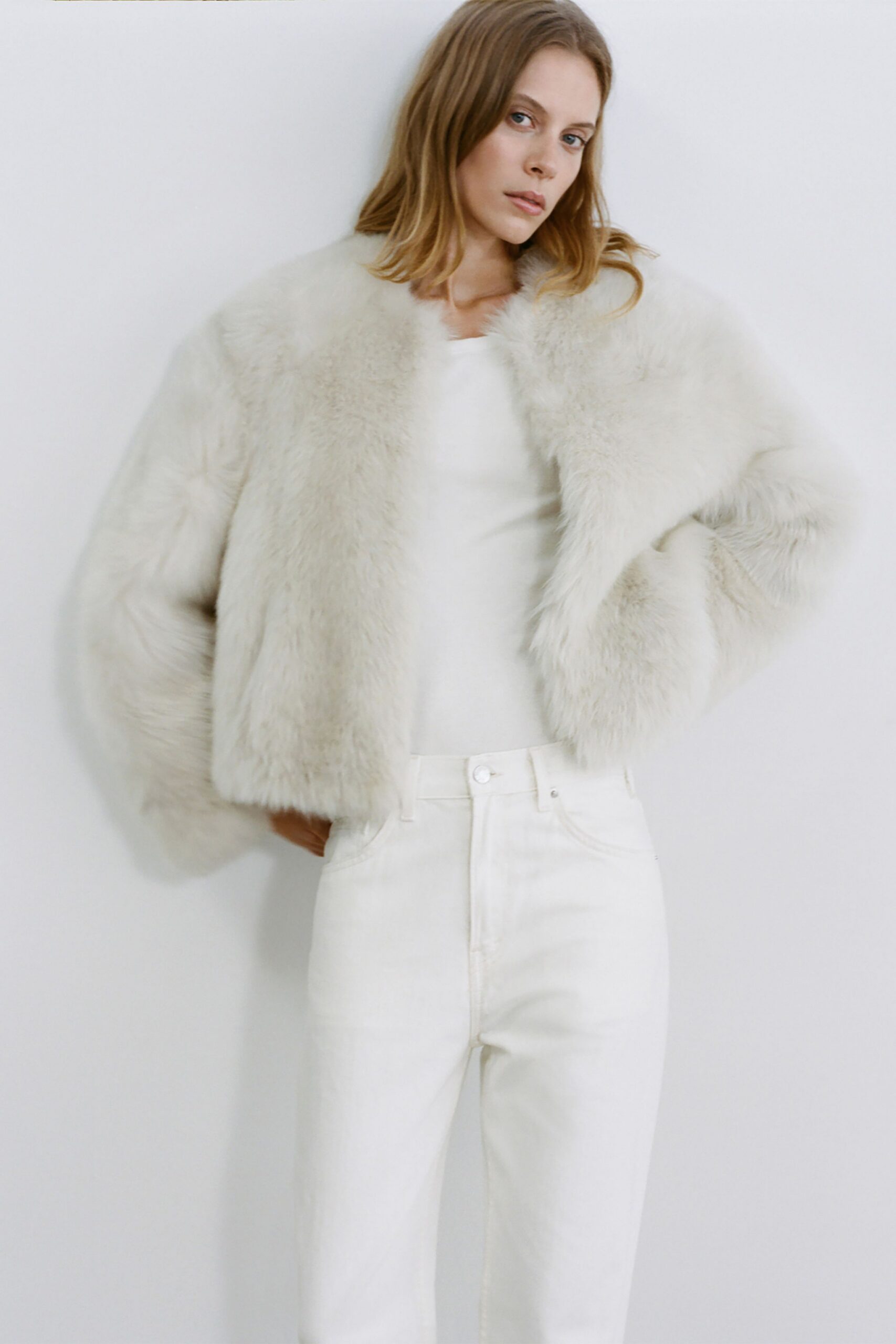 white faux-fur long-sleeve relaxed jacket