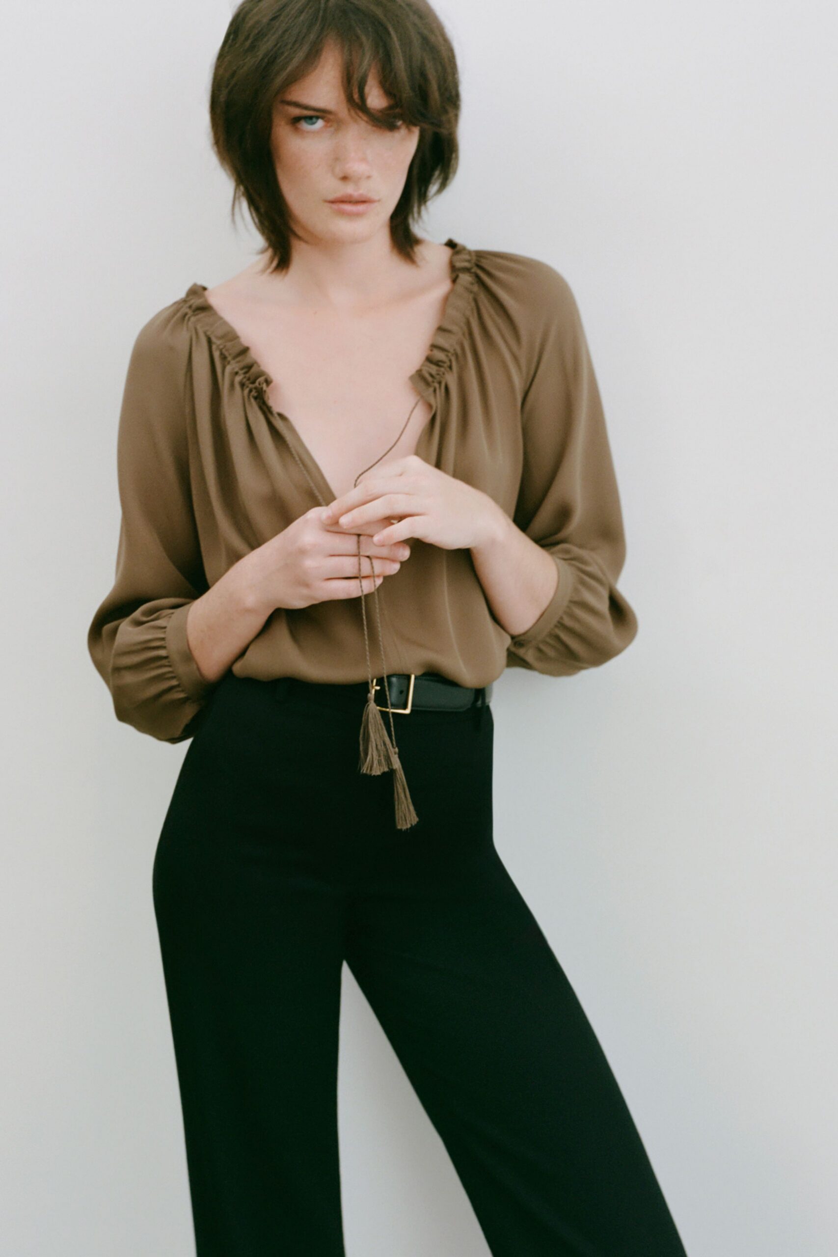 brown silk long-sleeve v-neck relaxed ruffled blouse