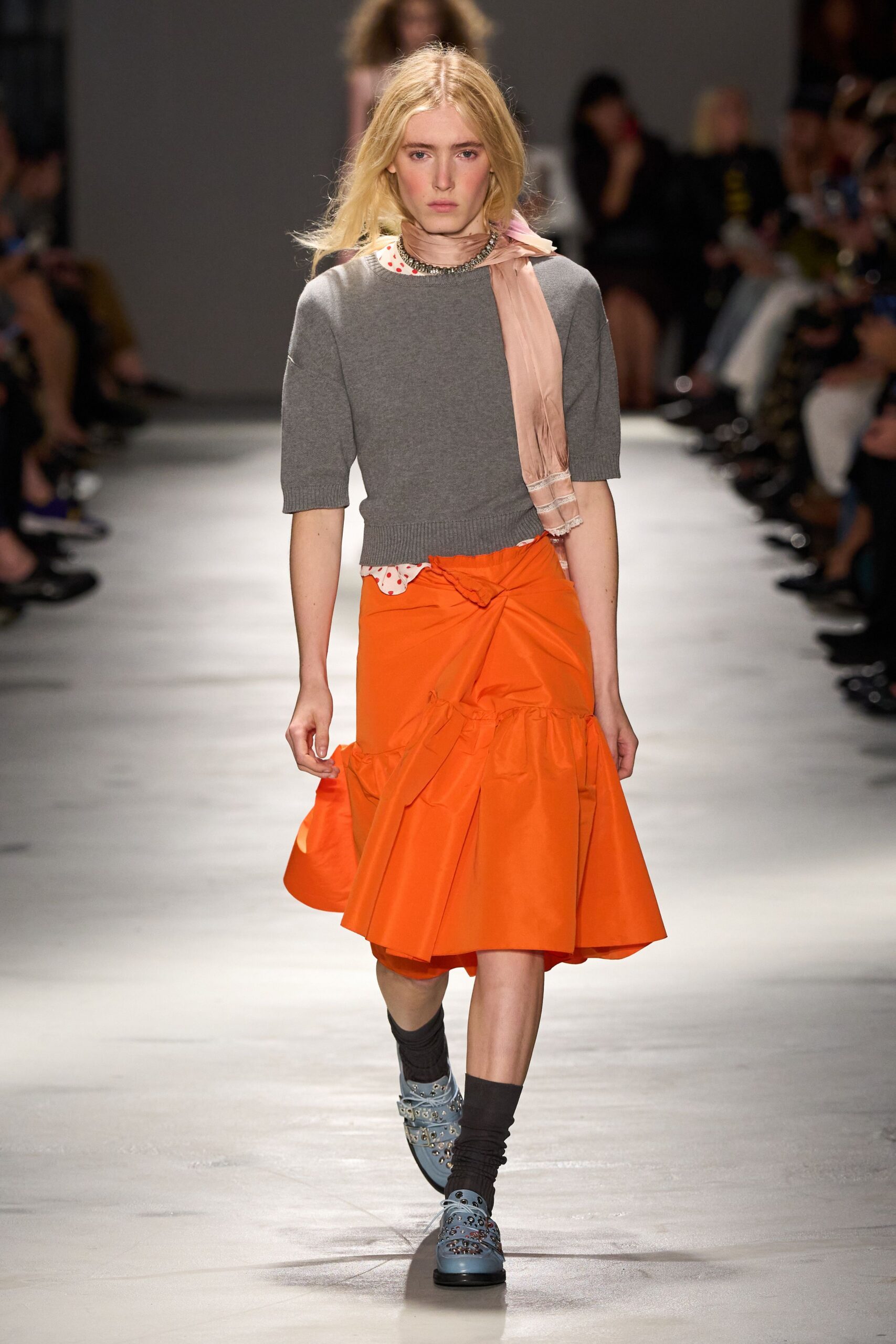 orange cotton asymmetric fitted tiered midi skirt