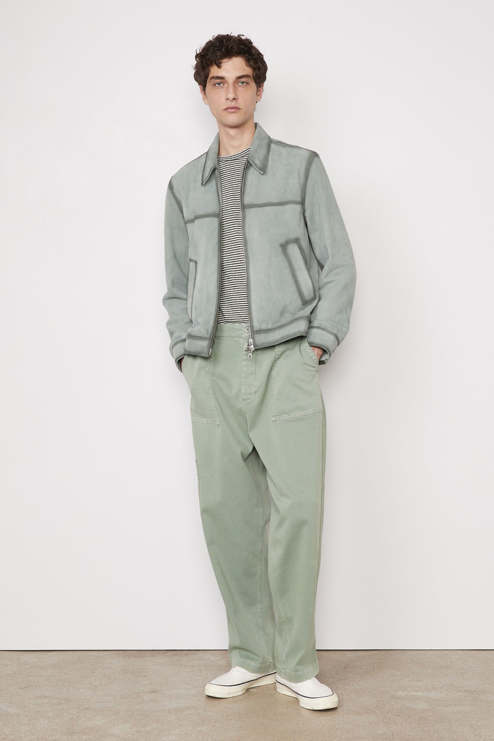 green suede long-sleeve collared relaxed zippered jacket
