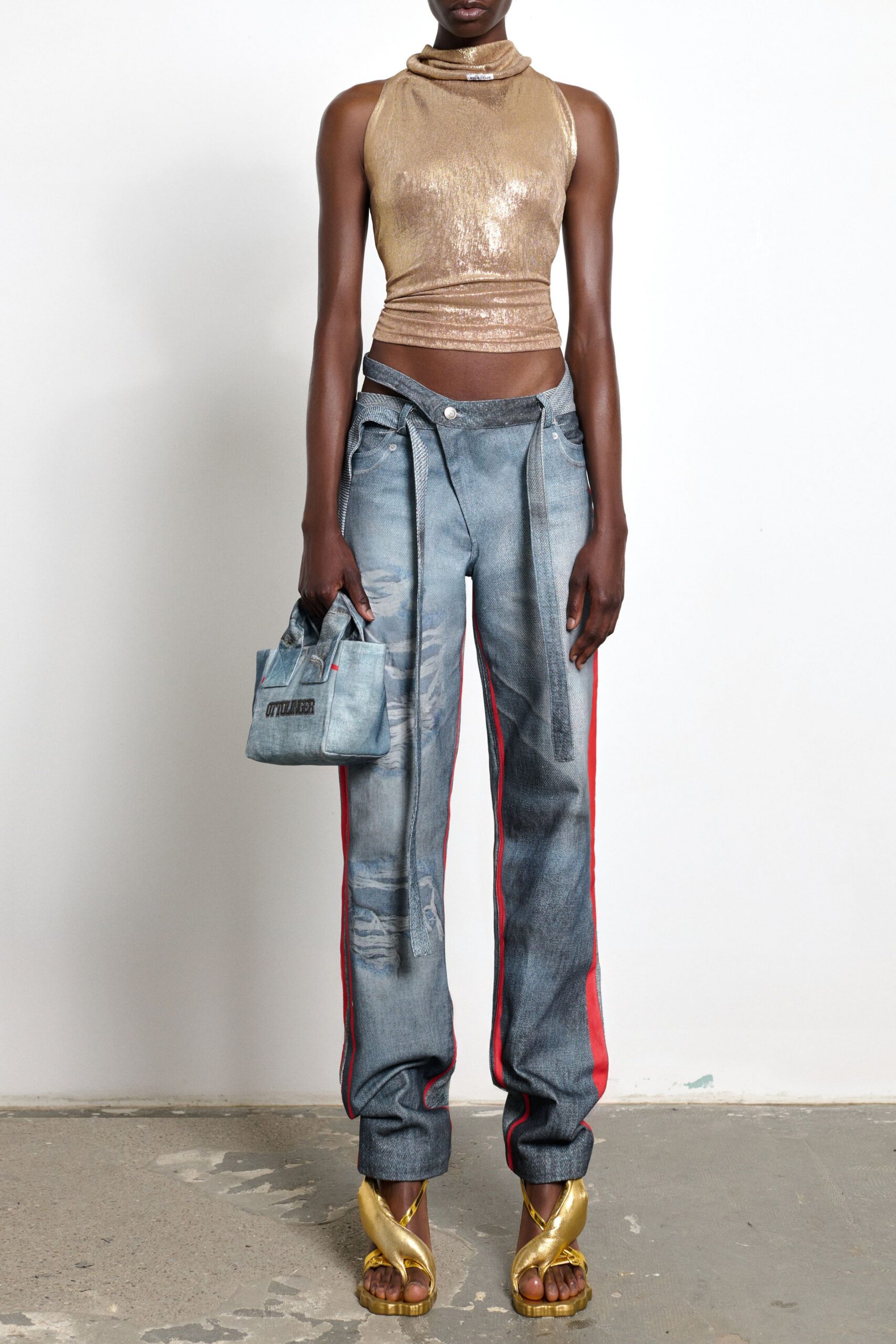 gold metallic sleeveless high-neck fitted shiny top