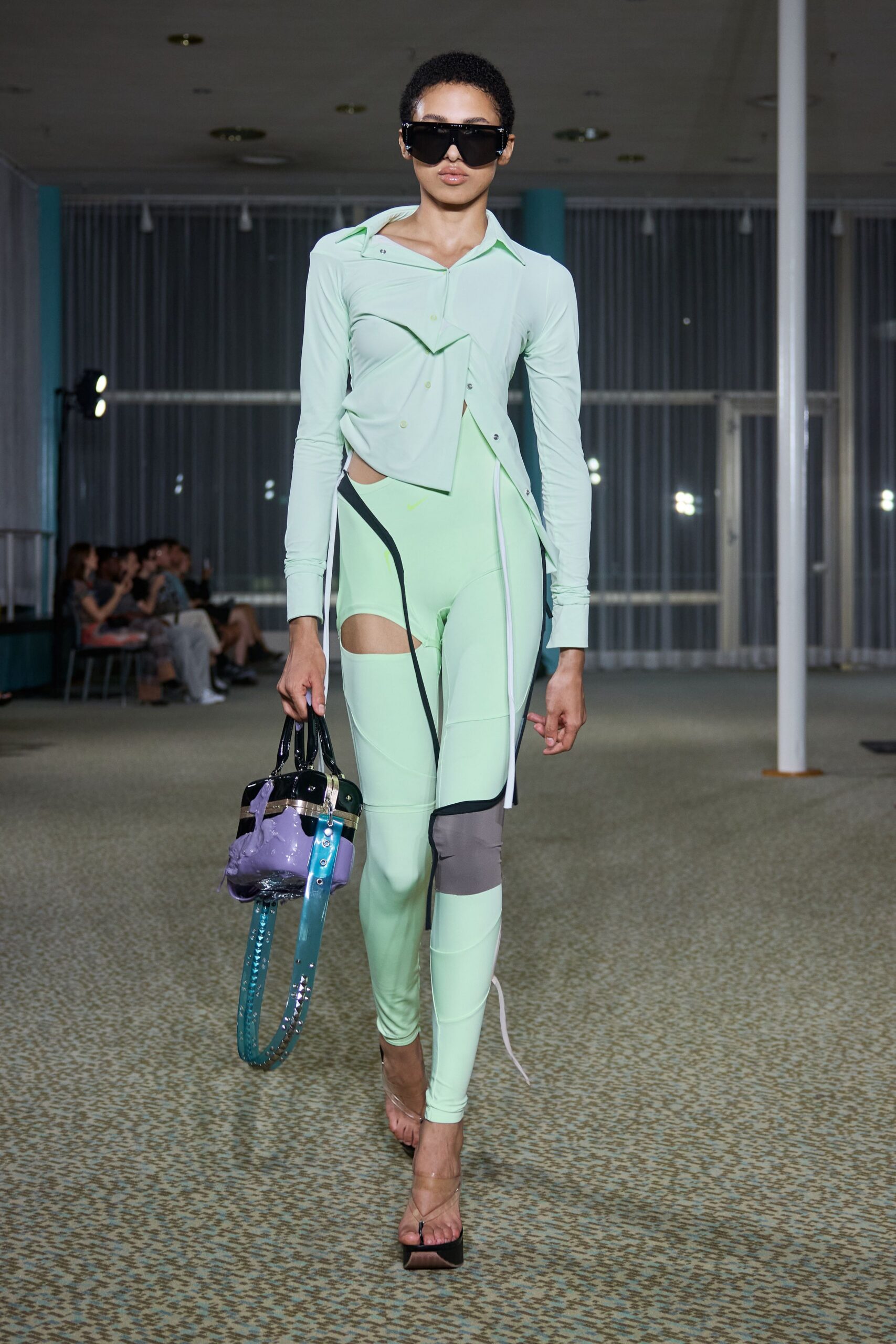 green neoprene fitted zippered pants