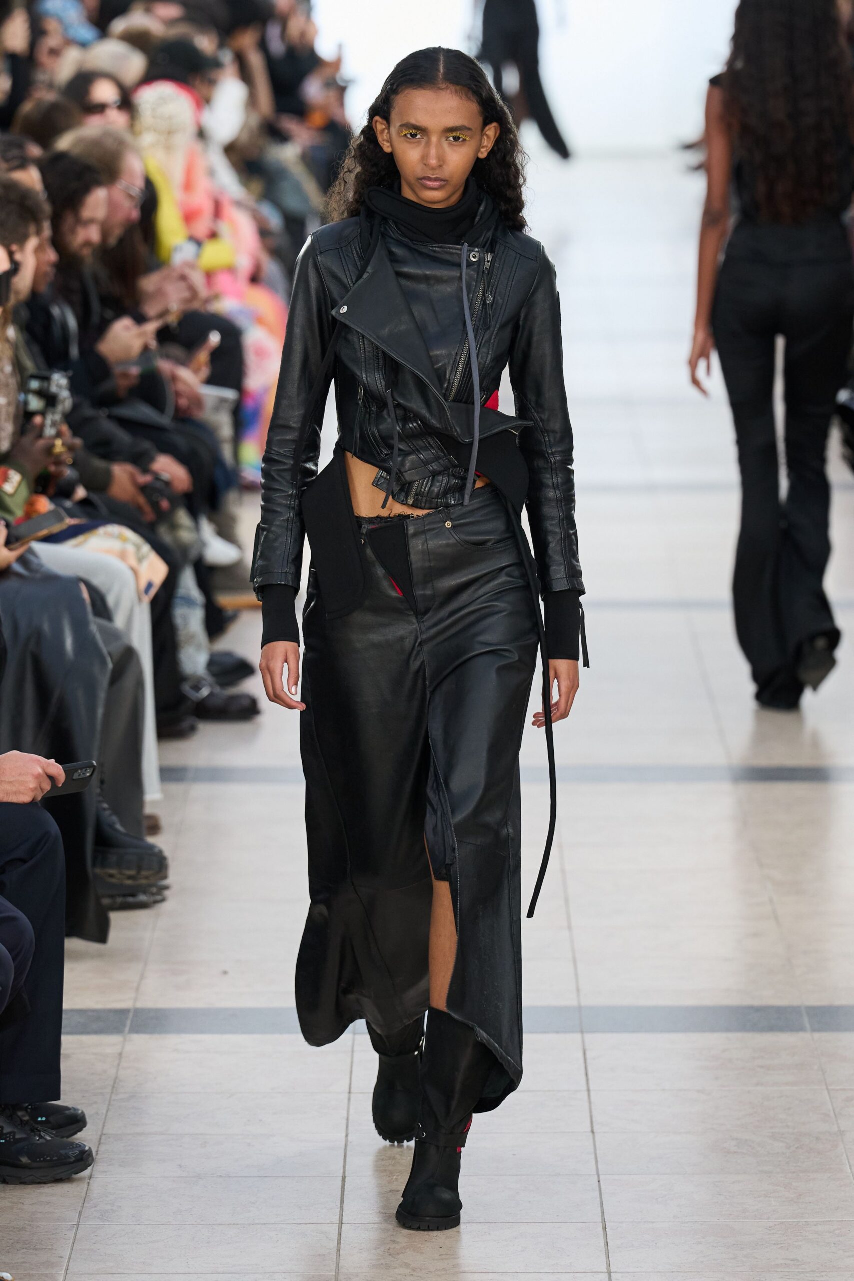 black leather long-sleeve collared fitted zippered midi coat