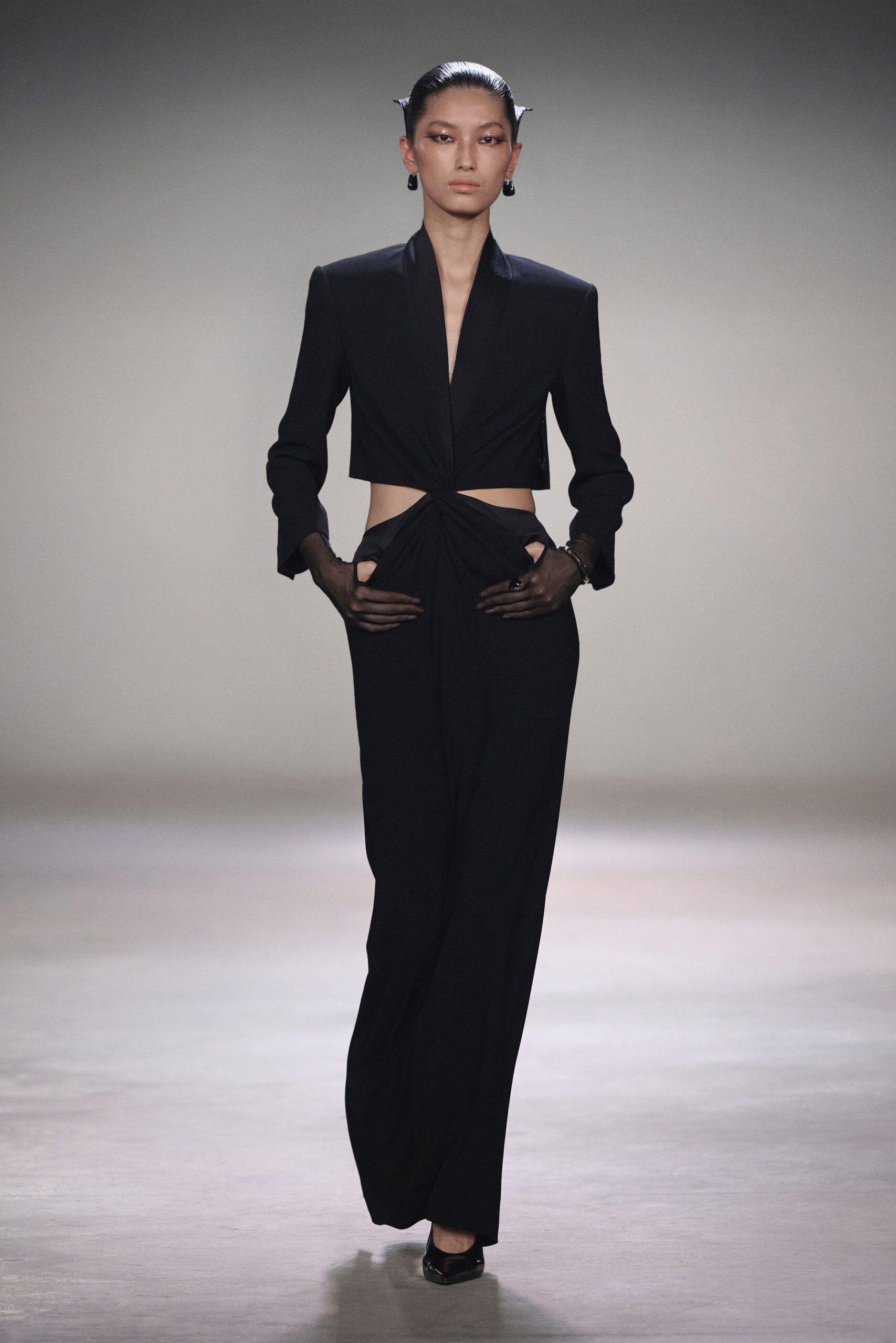 black silk long-sleeve v-neck fitted ruched jumpsuit
