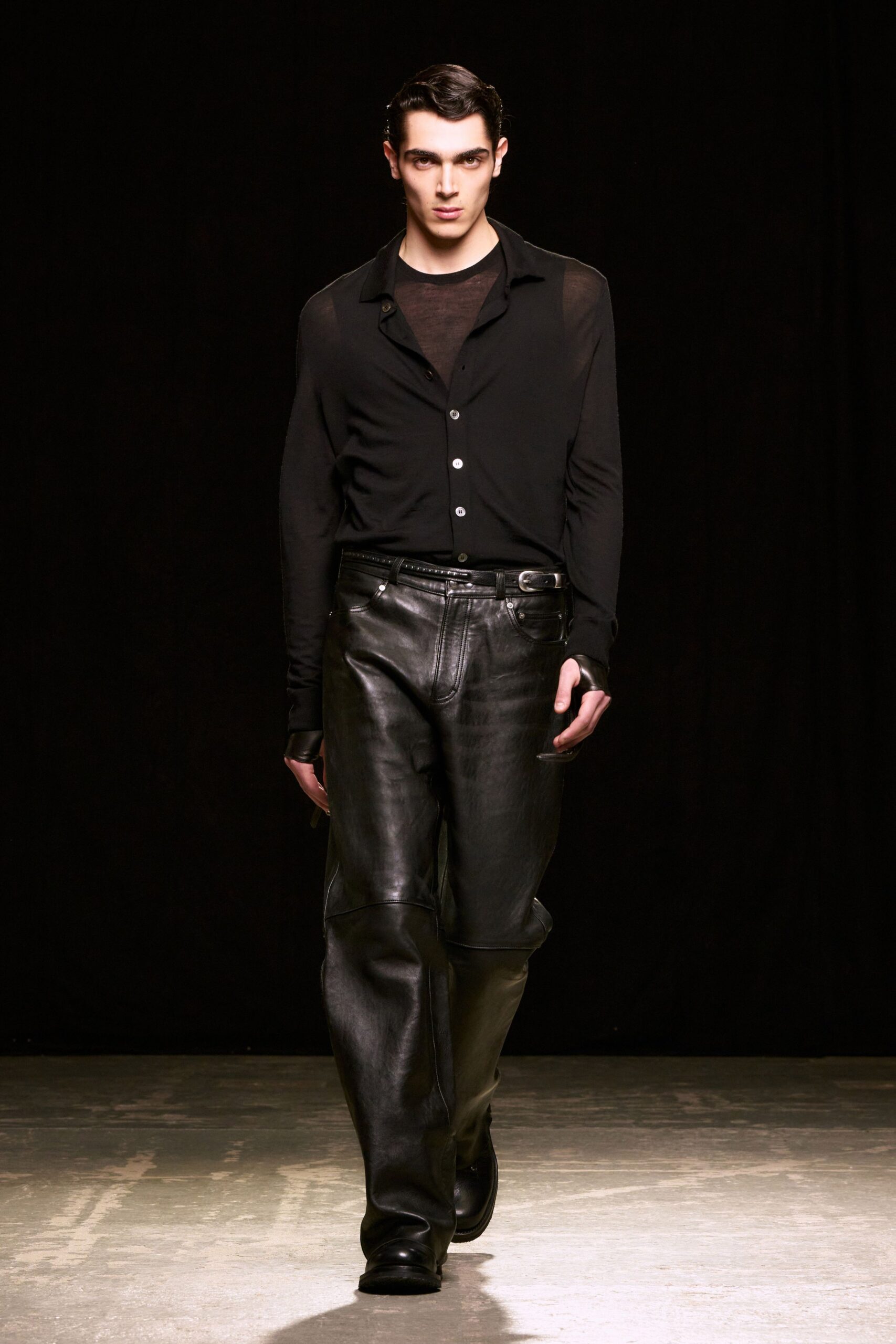 black fitted shirt and relaxed pants