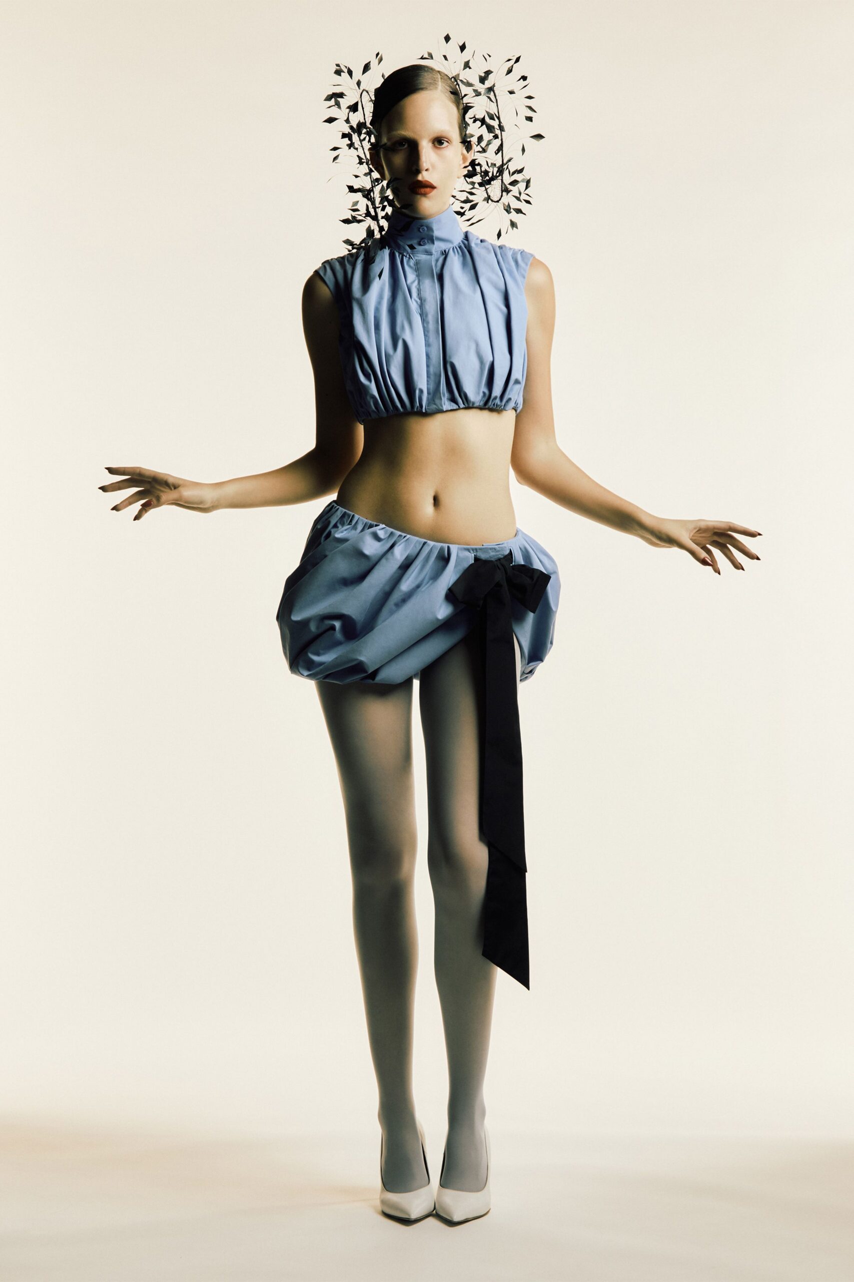 blue silk top and mini skirt