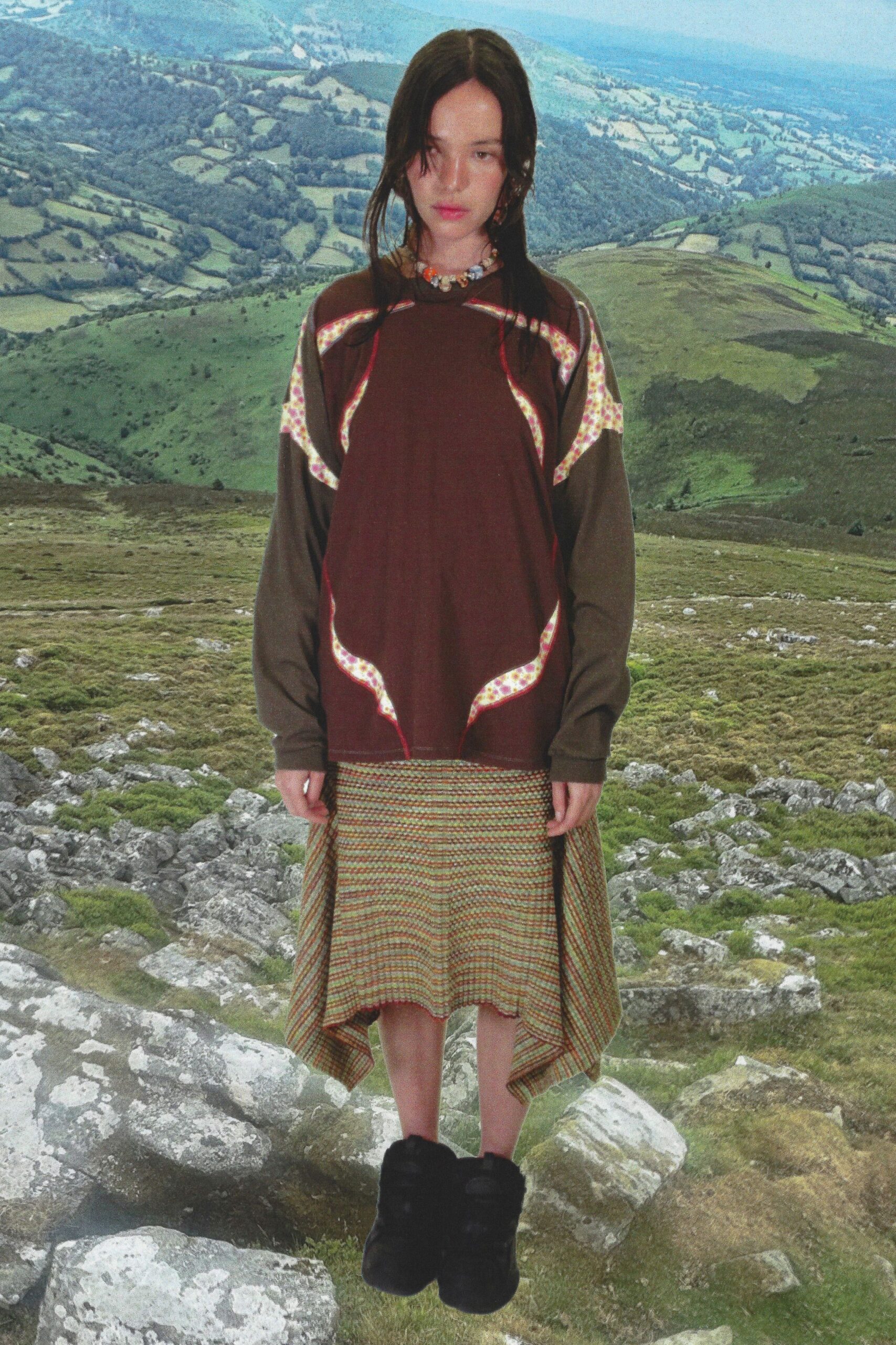 brown cotton long-sleeve collared relaxed embroidered top