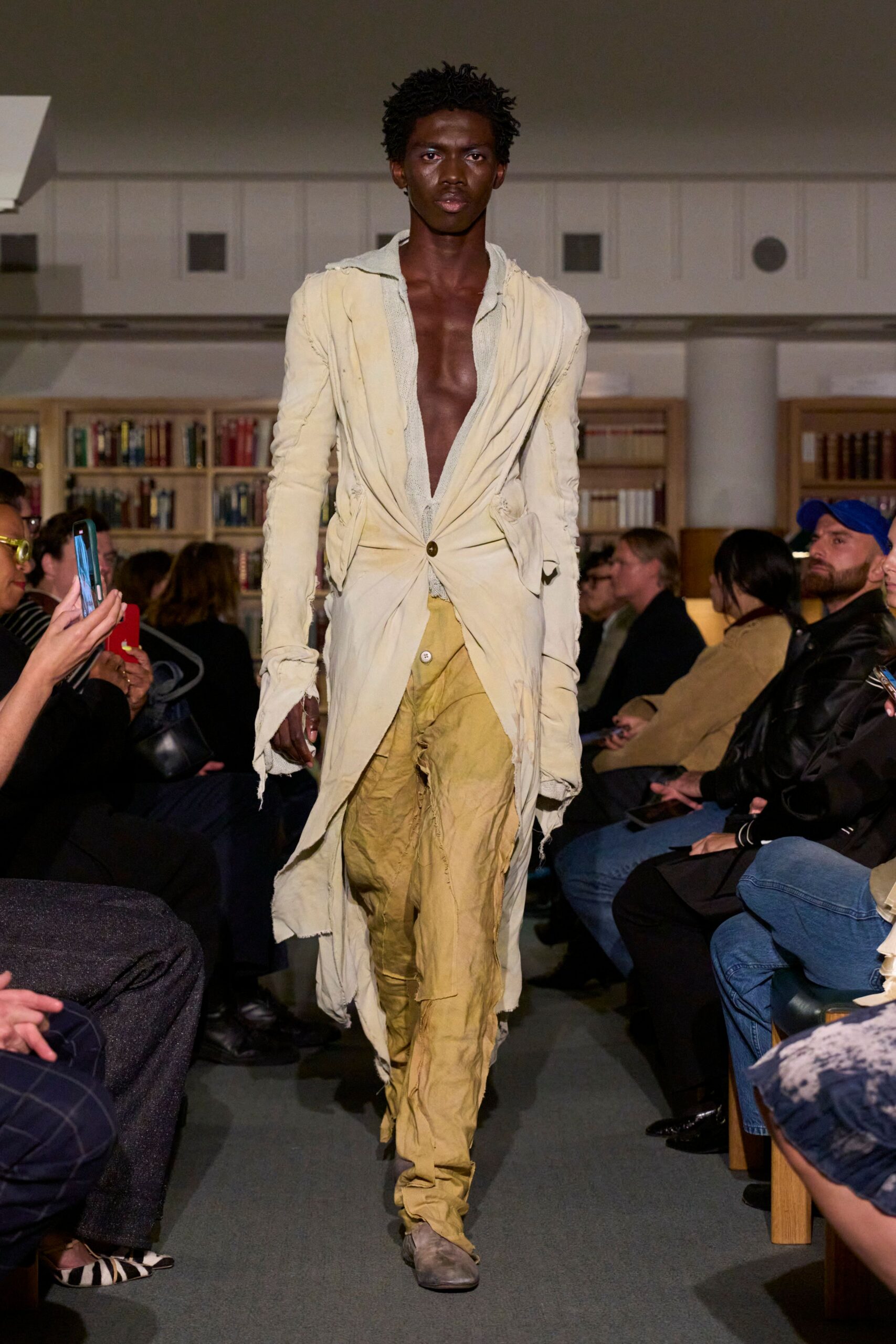 beige cotton long-sleeve v-neck relaxed draped jacket