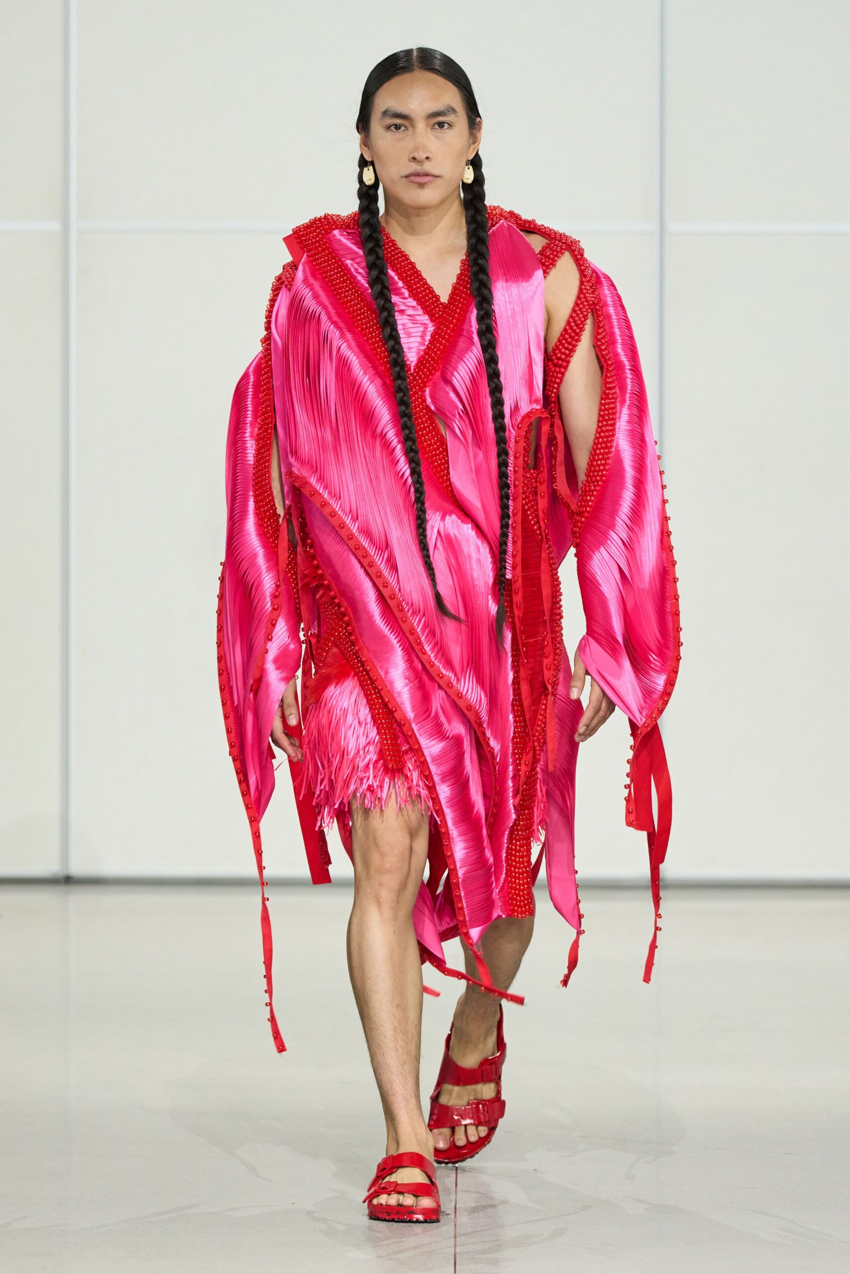 red silk sleeveless v-neck relaxed pleated fringed dress