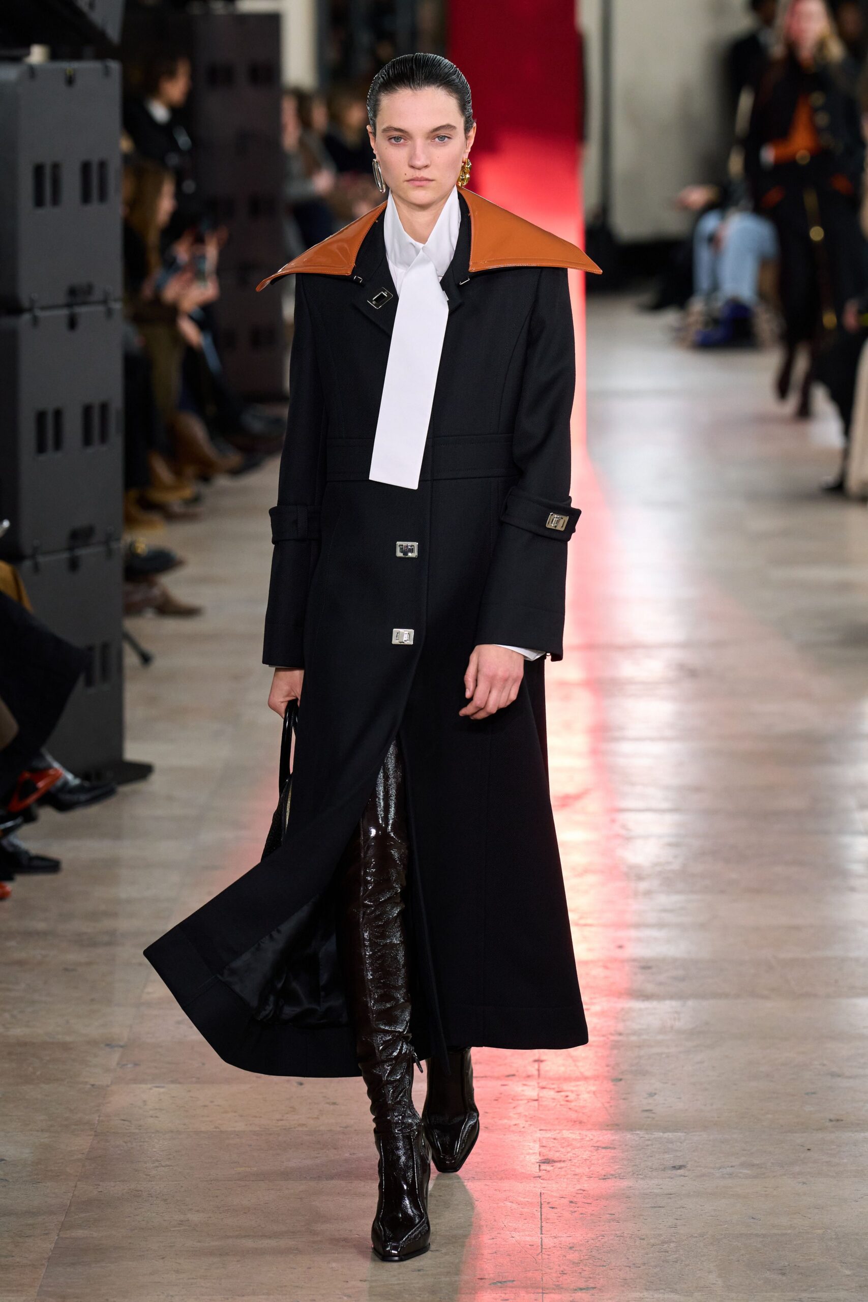 black wool long-sleeve collared fitted buttoned maxi coat