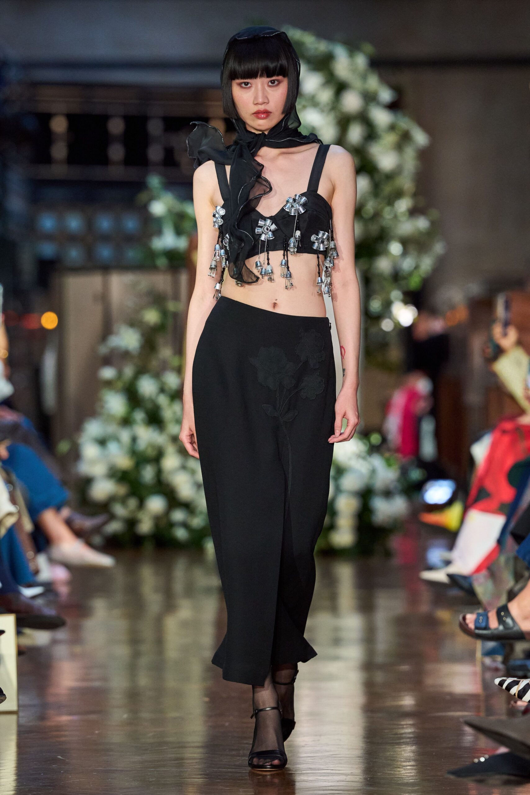 black silk fitted straight-leg midi skirt
