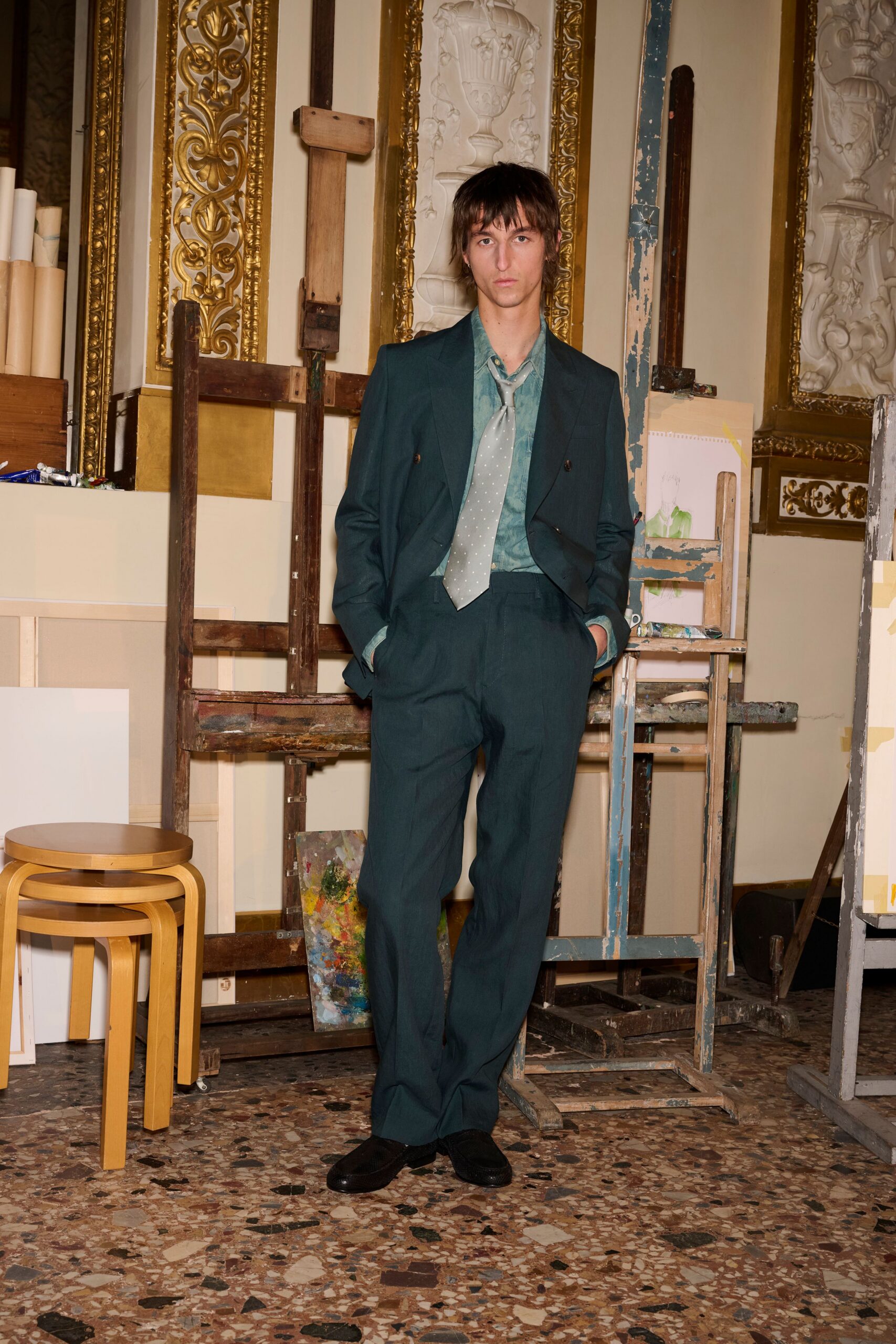 blue cotton long-sleeve collared tailored buttoned suit