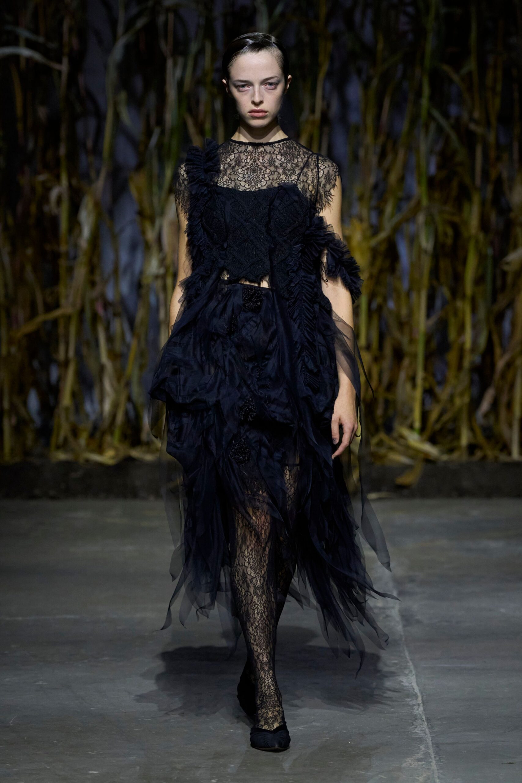 black lace sleeveless v-neck fitted ruffled layered dress