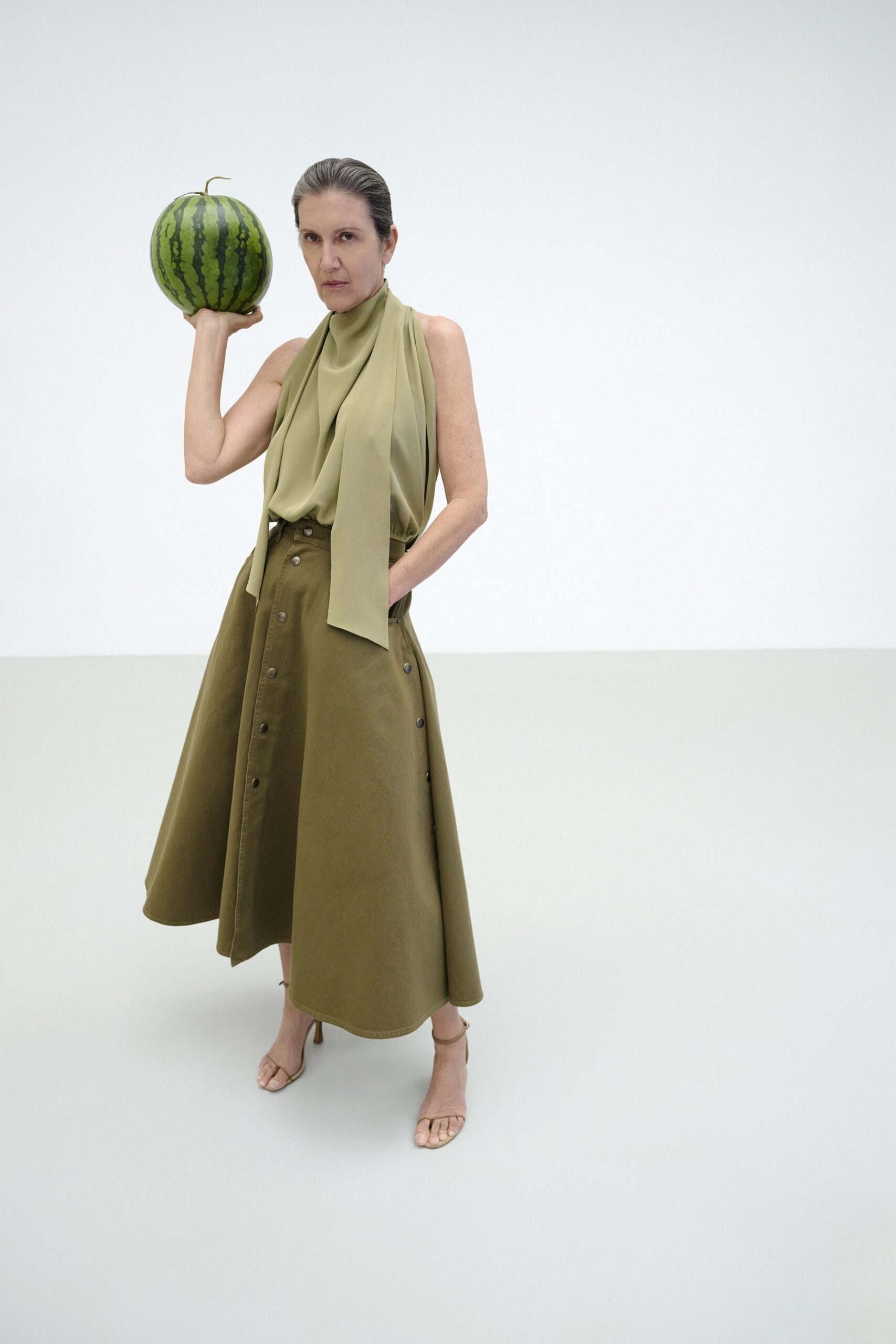 green cotton long-sleeve relaxed buttoned a-line midi skirt