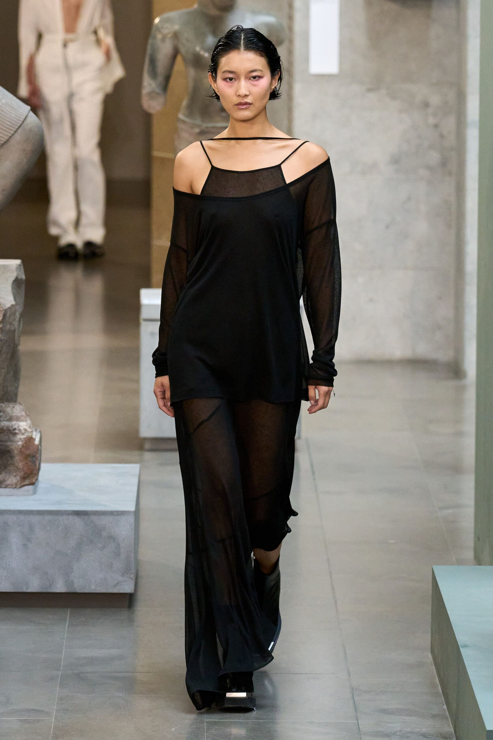 black silk long-sleeve off-shoulder fitted layered sheer dress