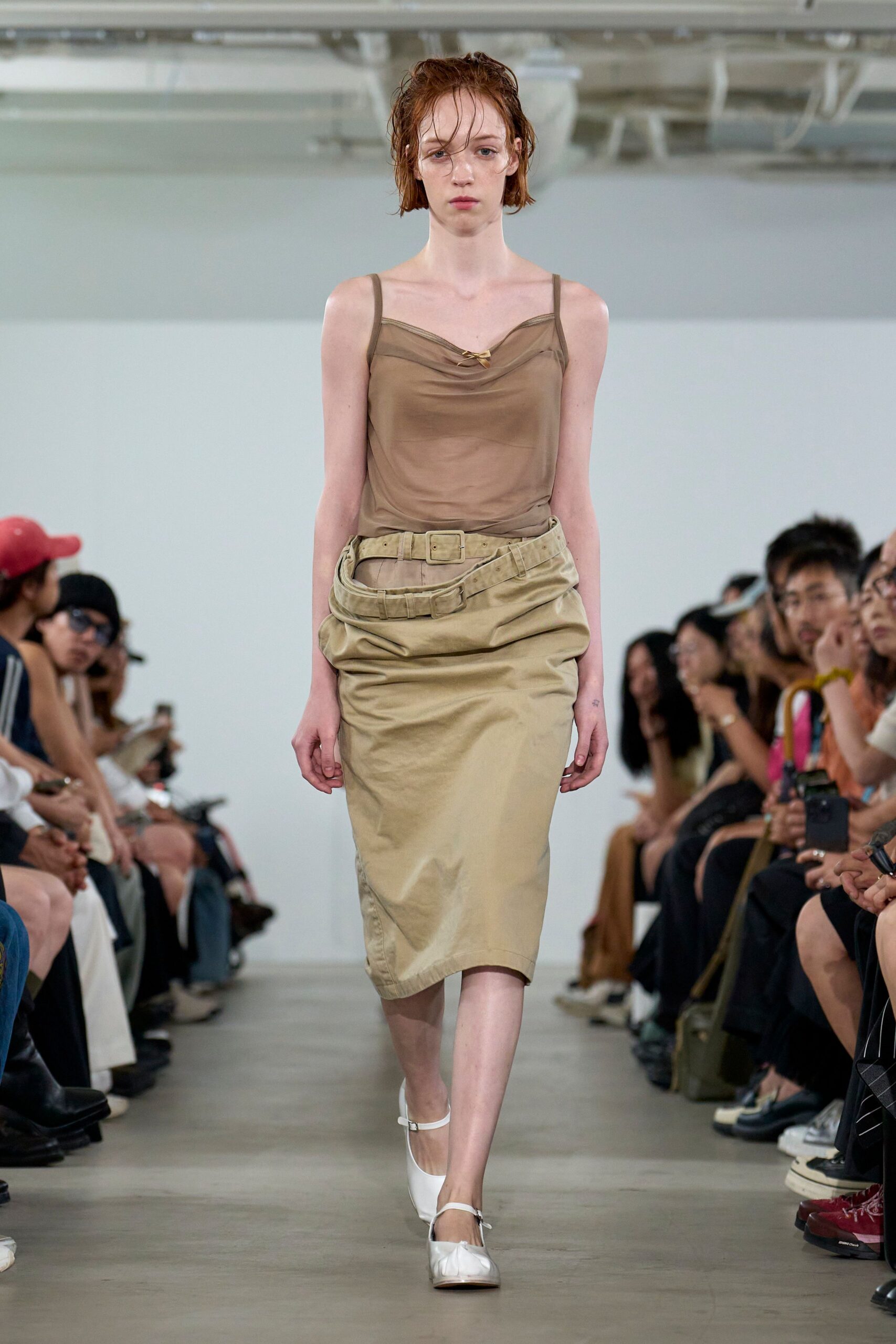 beige silk sleeveless v-neck fitted sheer top