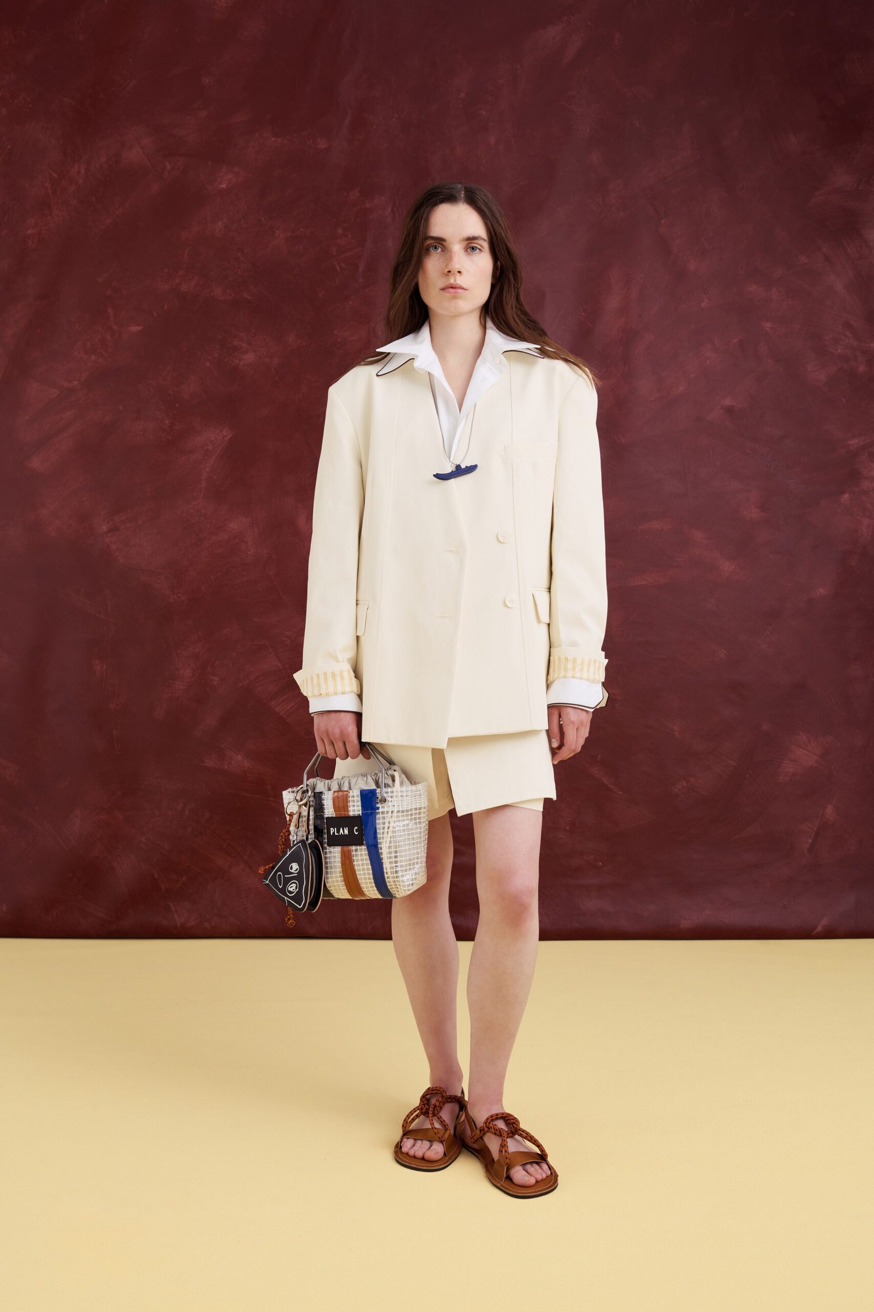 beige cotton long-sleeve collared relaxed blazer