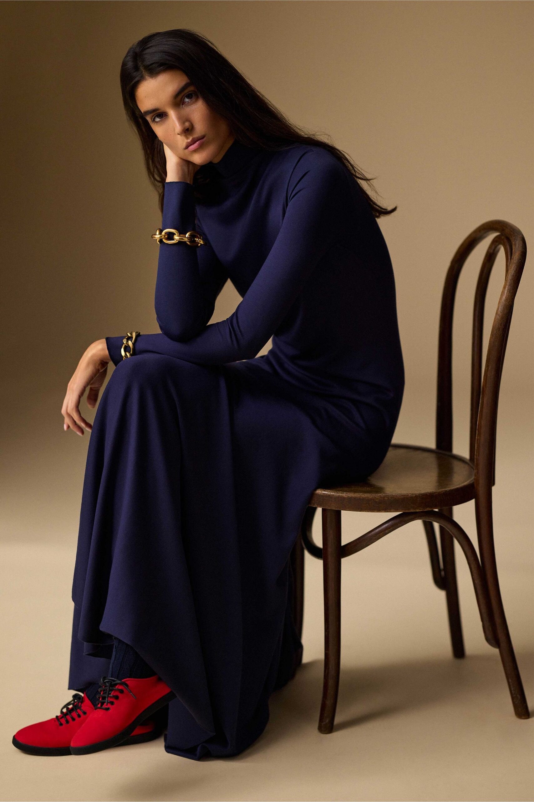 blue cotton long-sleeve high-neck fitted straight-leg maxi gown