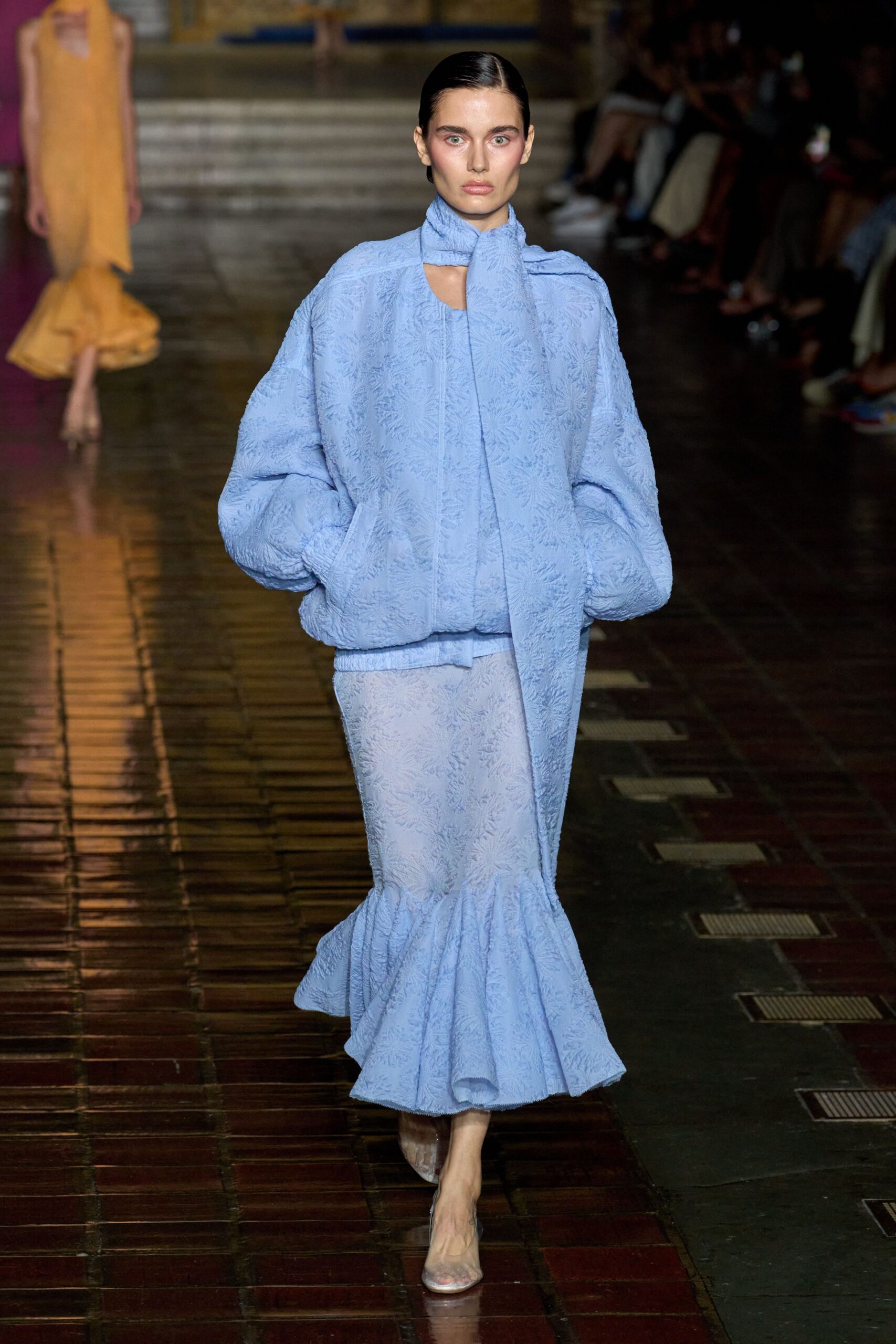 blue oversized jacket with flared skirt