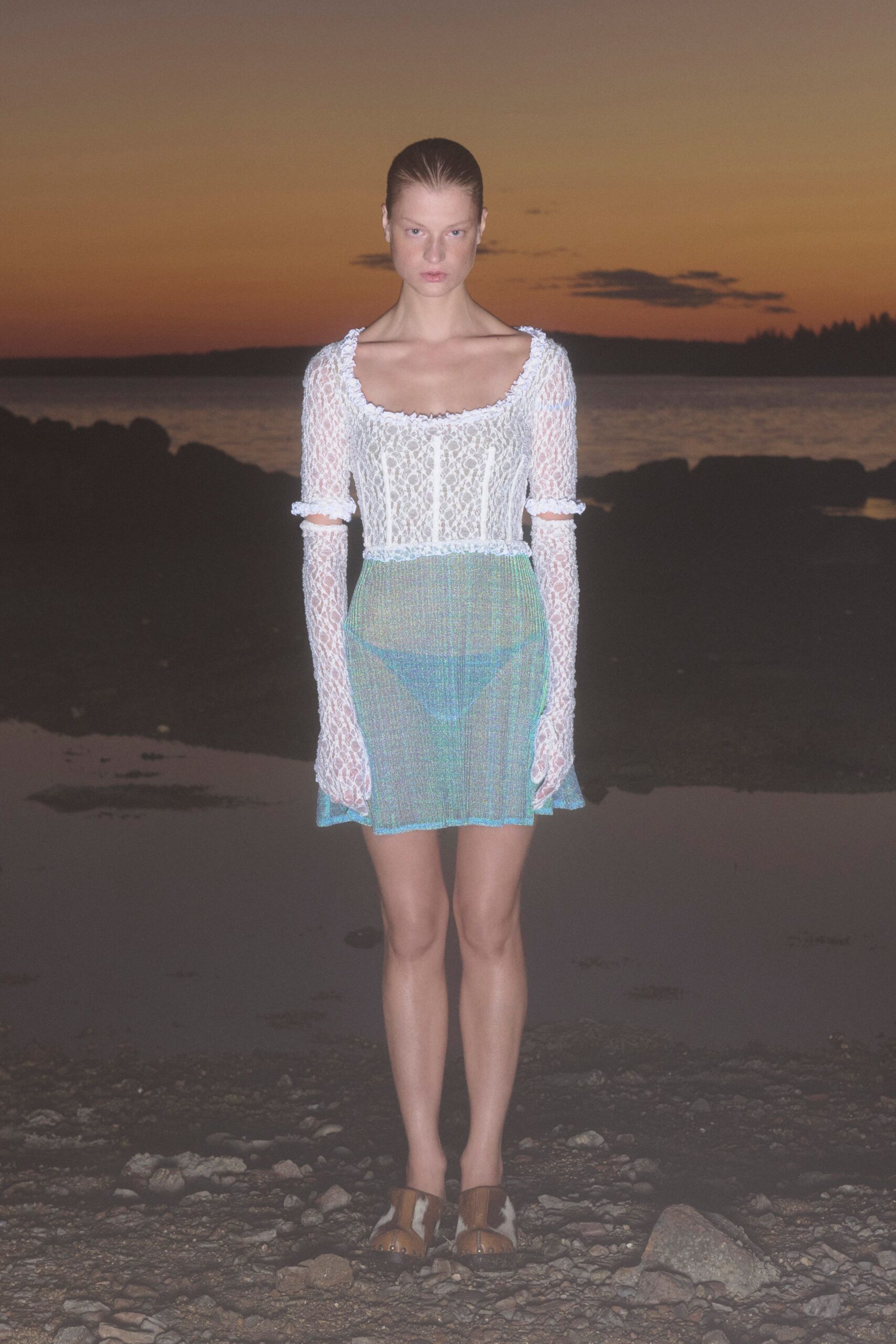 white lace long-sleeve square-neck fitted pleated layered dress