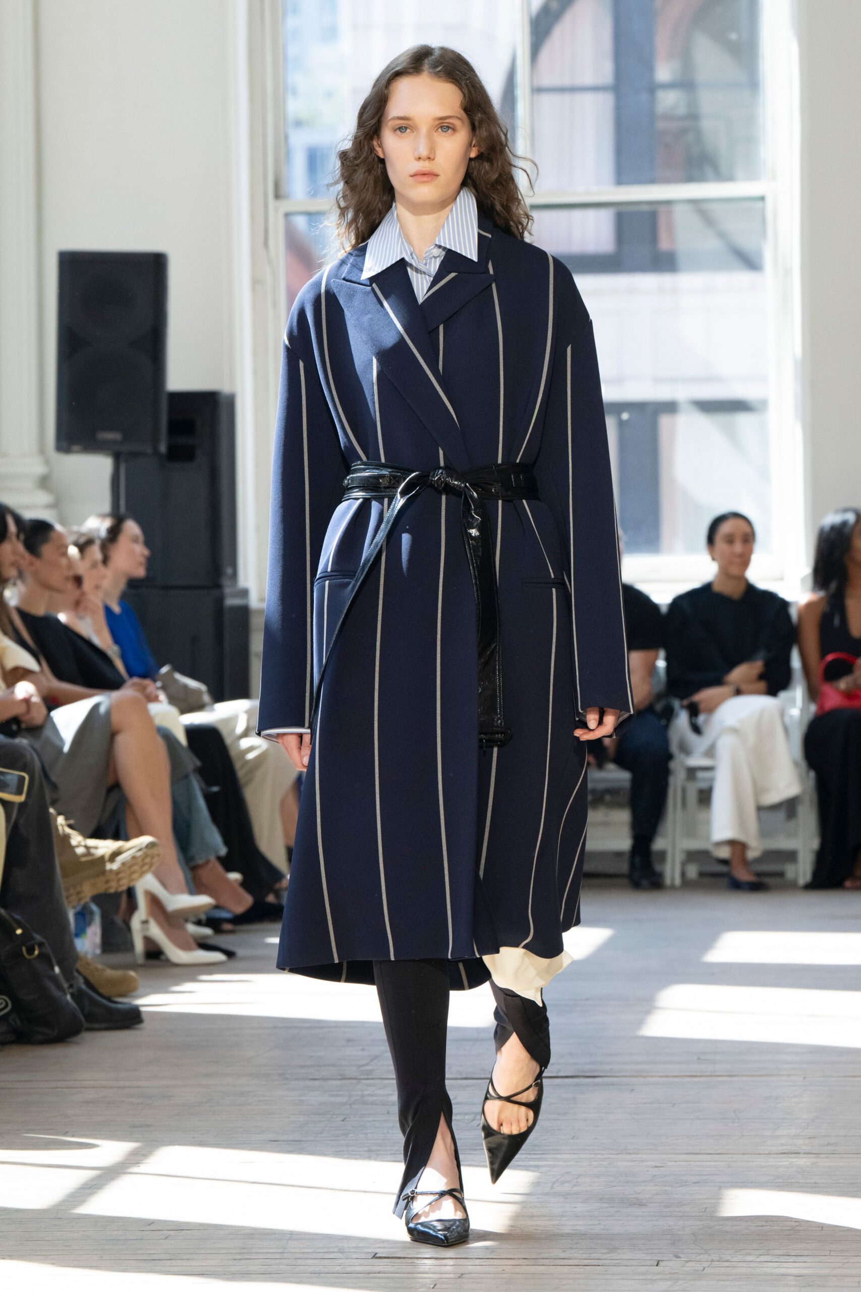 blue wool long-sleeve collared fitted striped belted coat