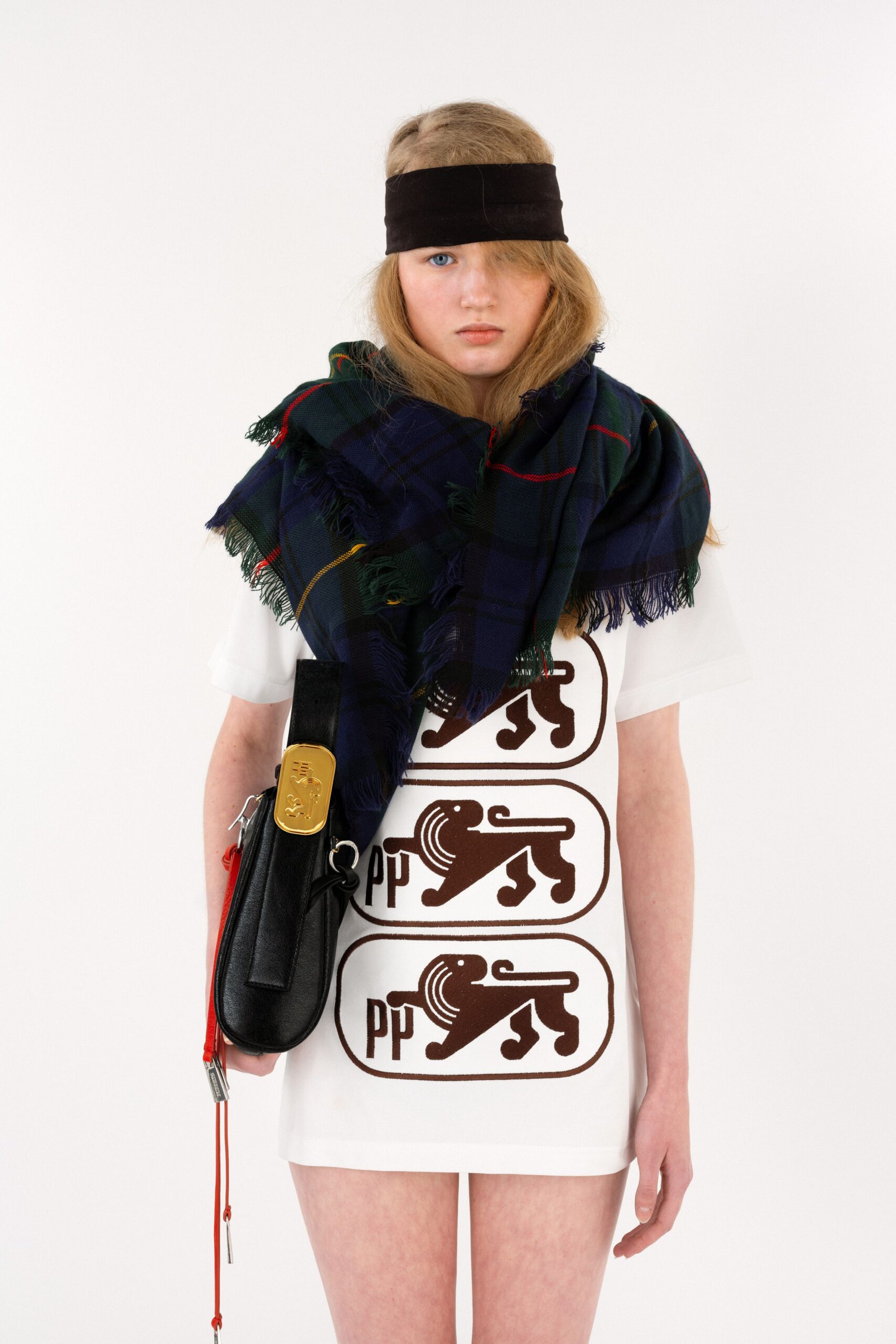 white printed t-shirt with scarf