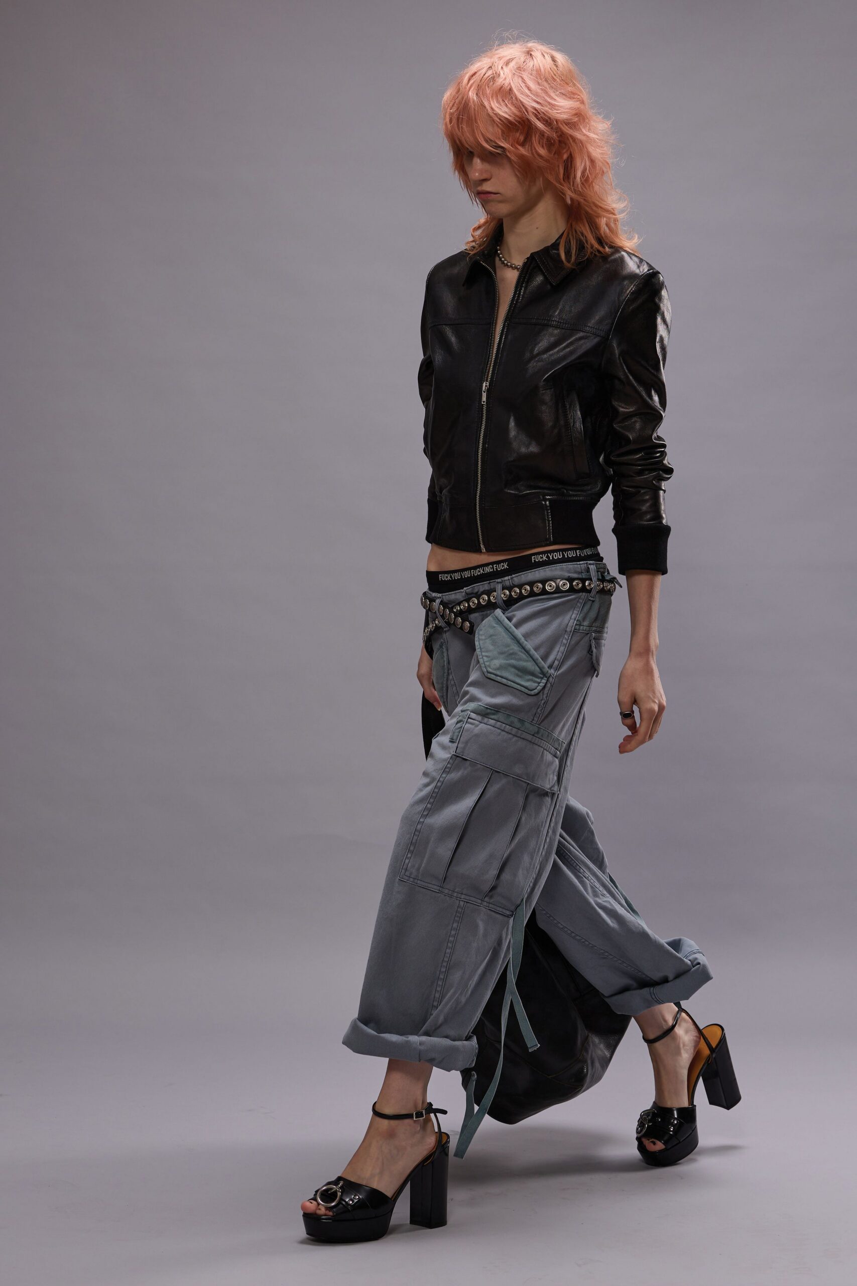 black leather jacket gray cargo pants