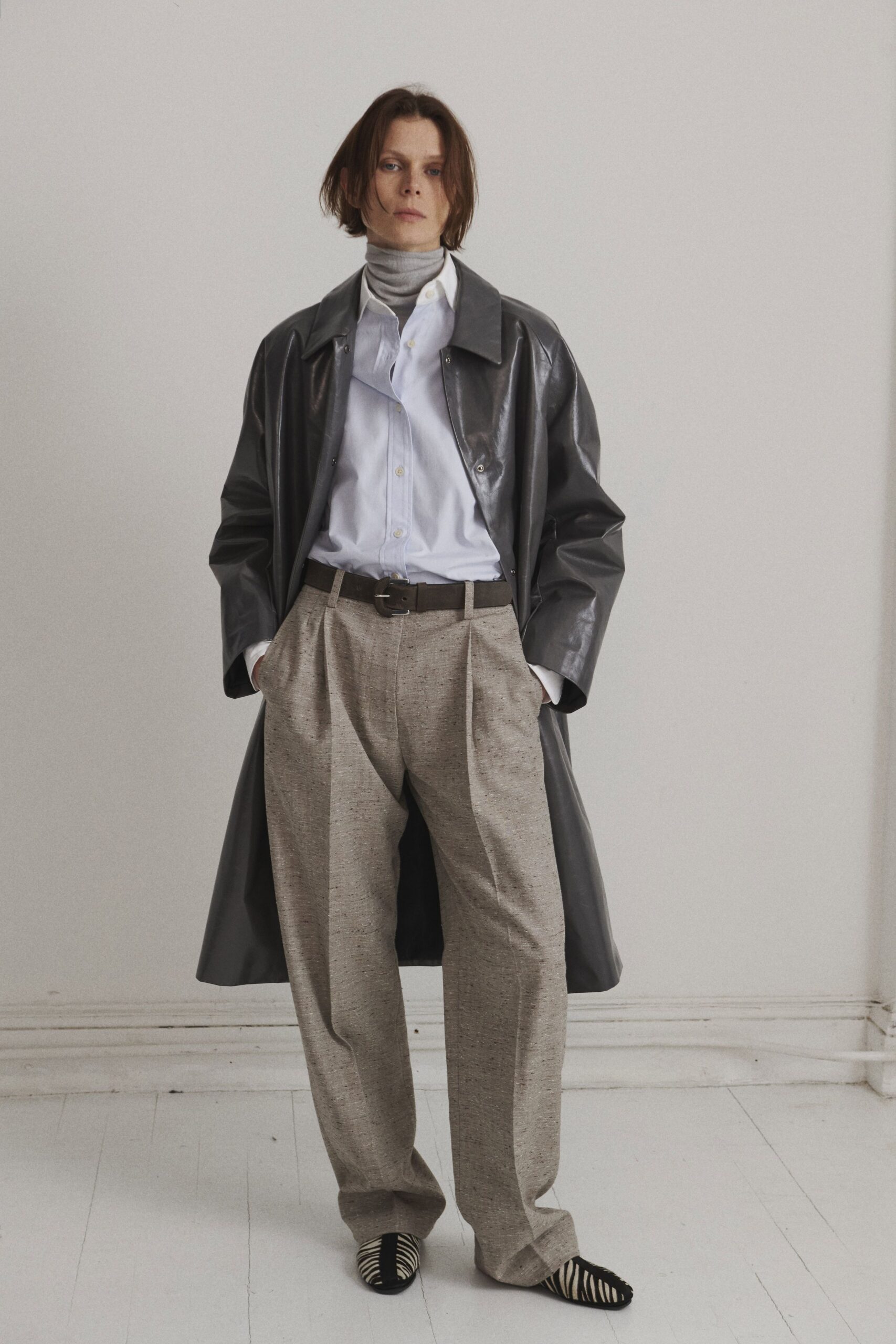 gray vinyl long-sleeve collared relaxed coat