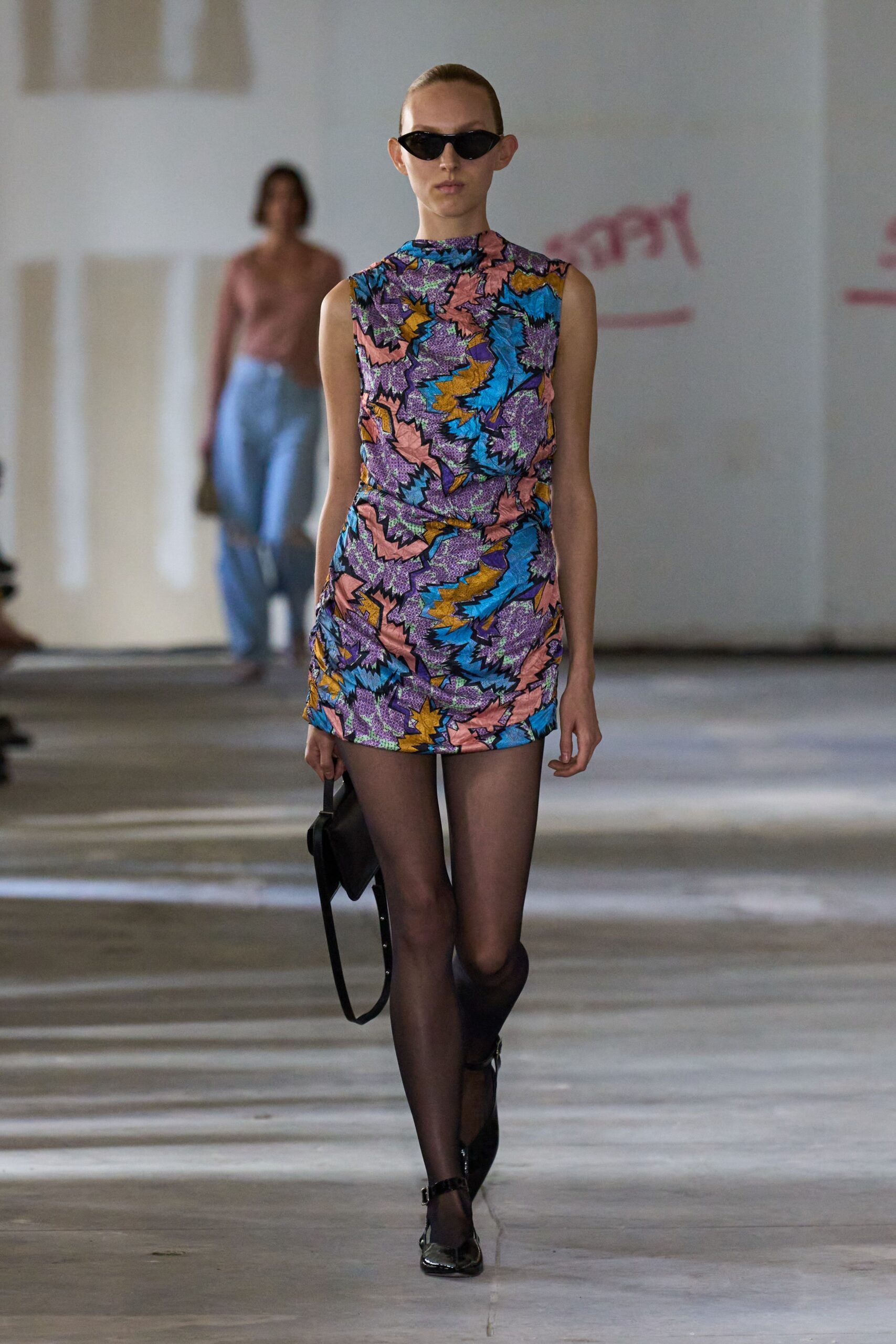 multi cotton sleeveless high-neck fitted printed mini mini-dress