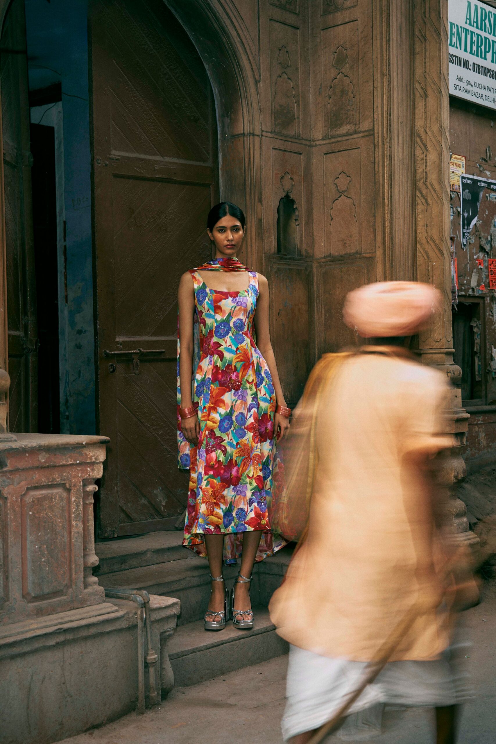 multi cotton sleeveless v-neck fitted floral midi dress