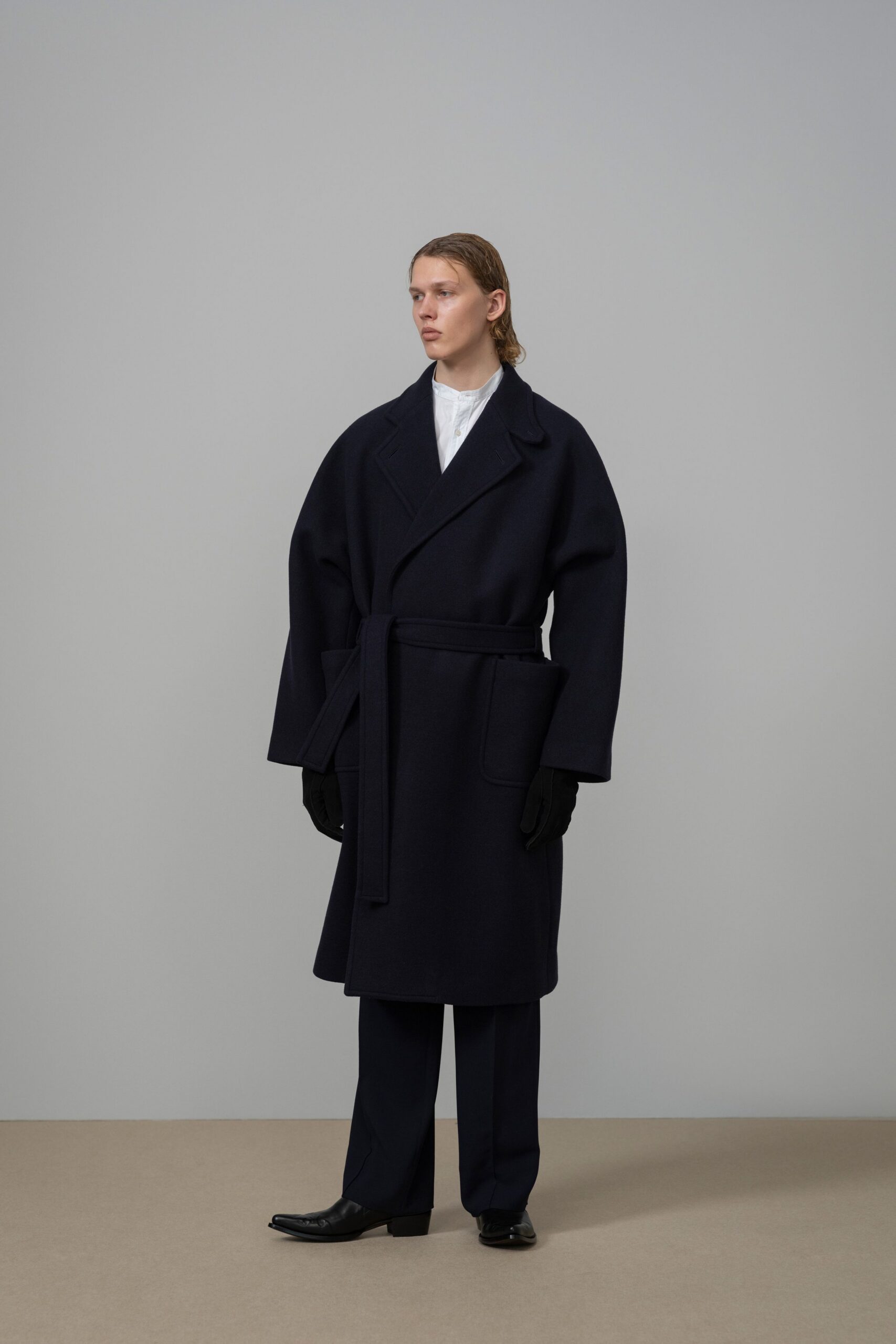blue wool long-sleeve collared oversized belted coat