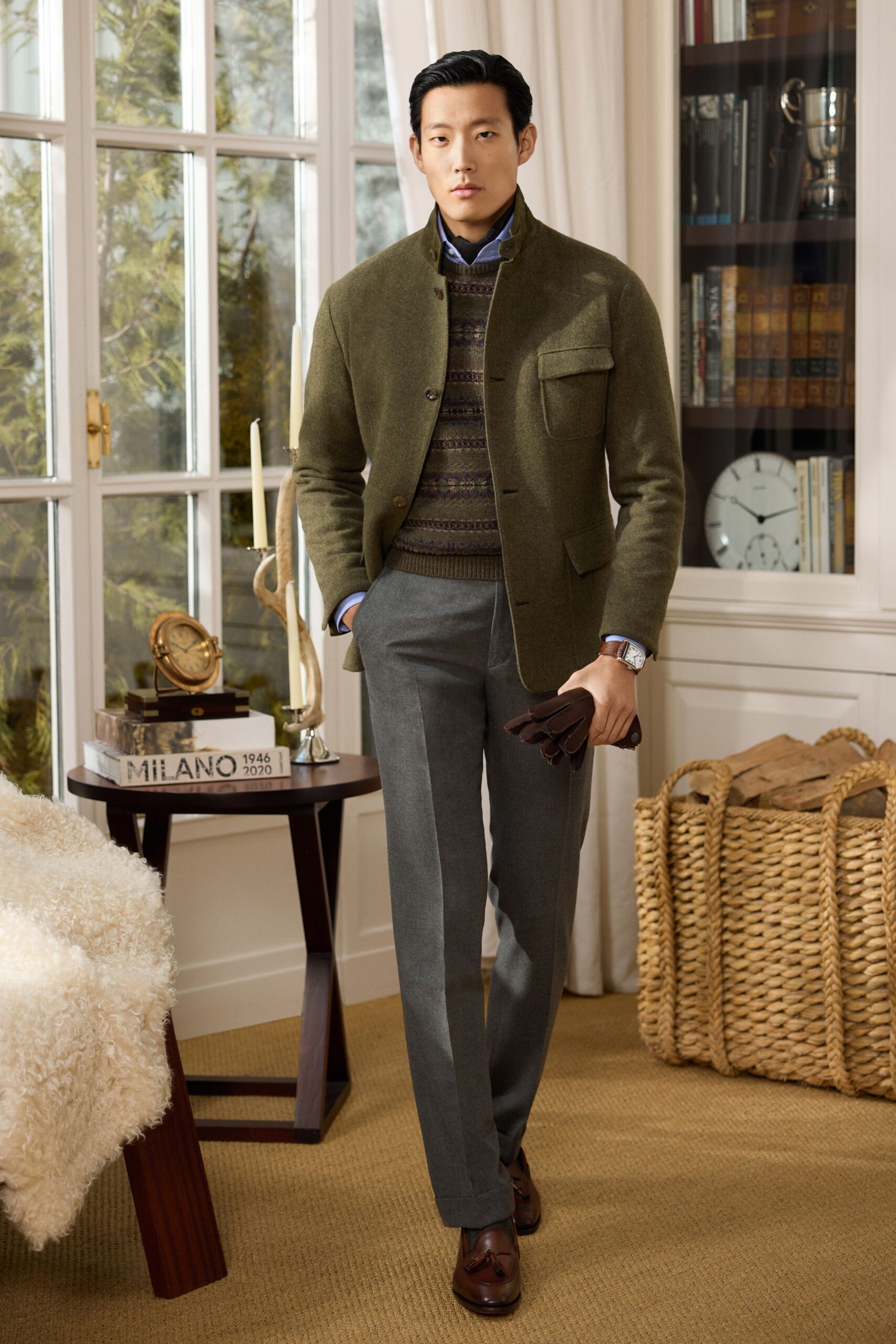 green wool long-sleeve collared structured jacket